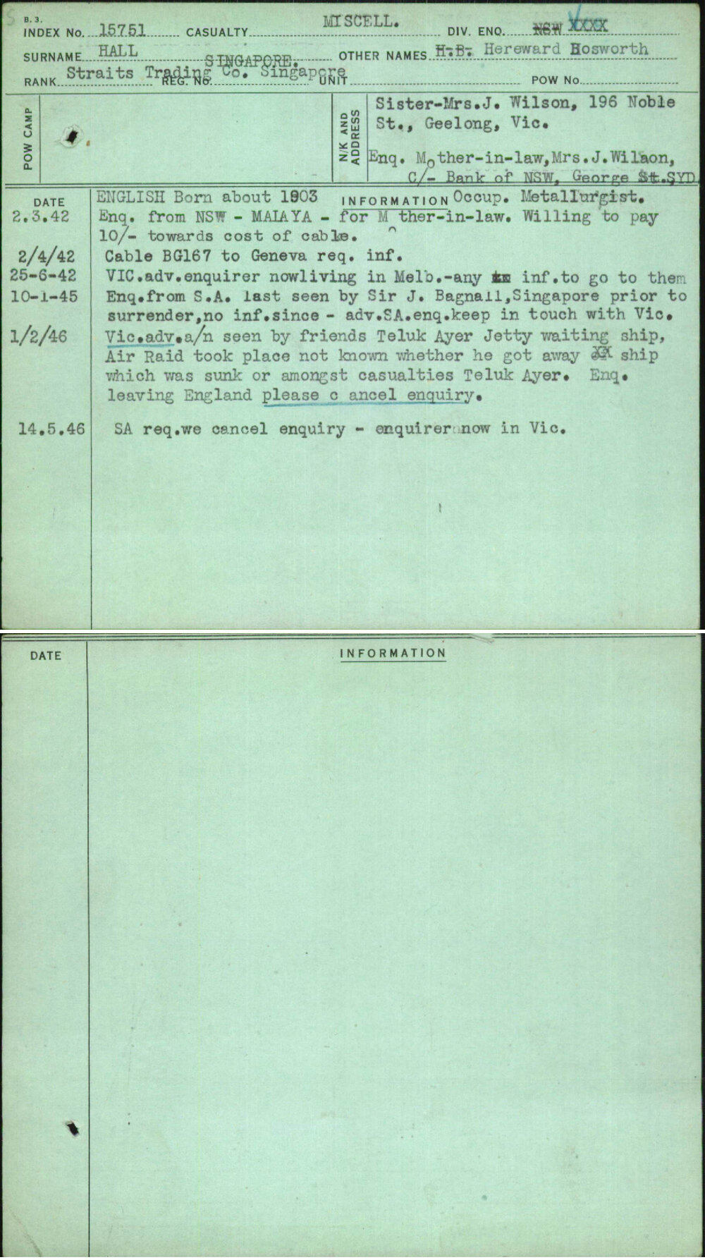 Hall, Hereward Hosworth, Singapore