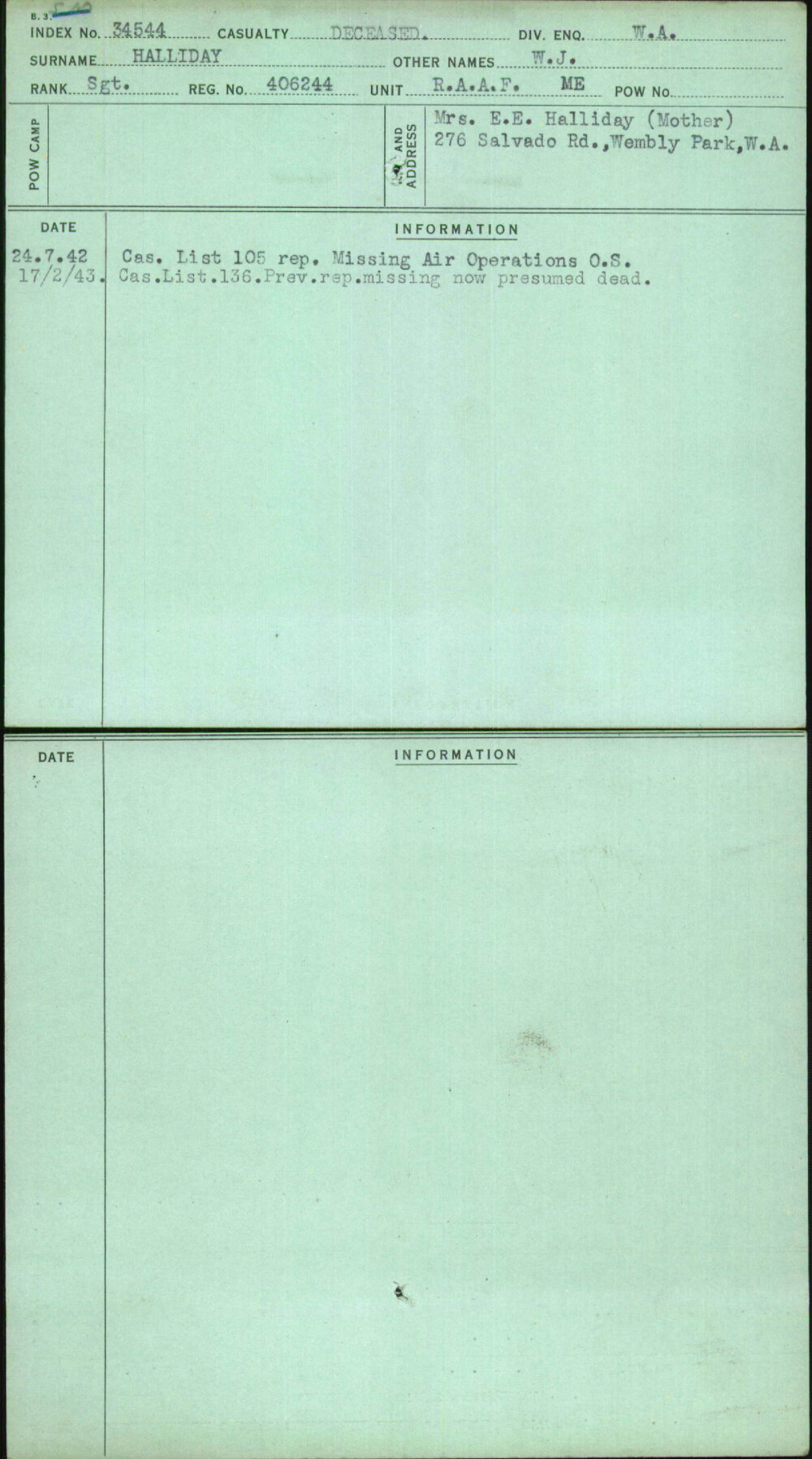 Halliday, W J, 406244