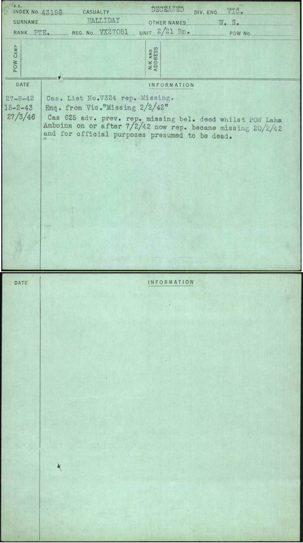 Halliday, W S, VX27081