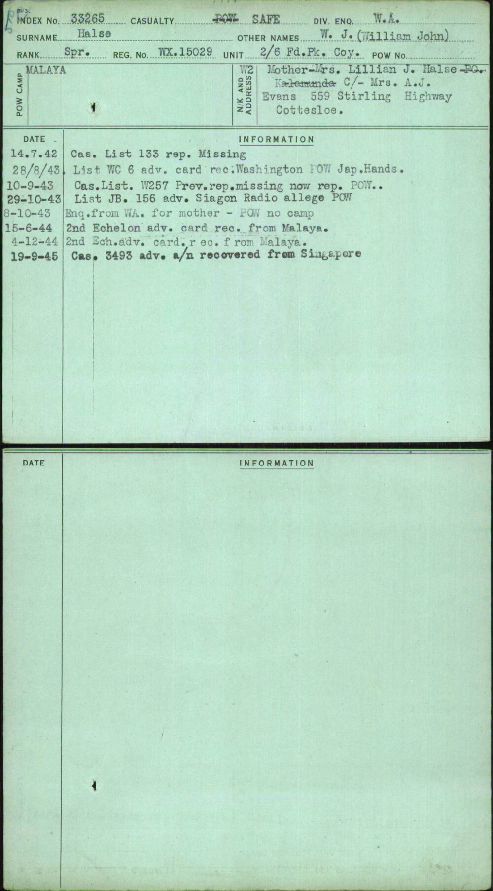 Halse, W J (William John), WX15029
