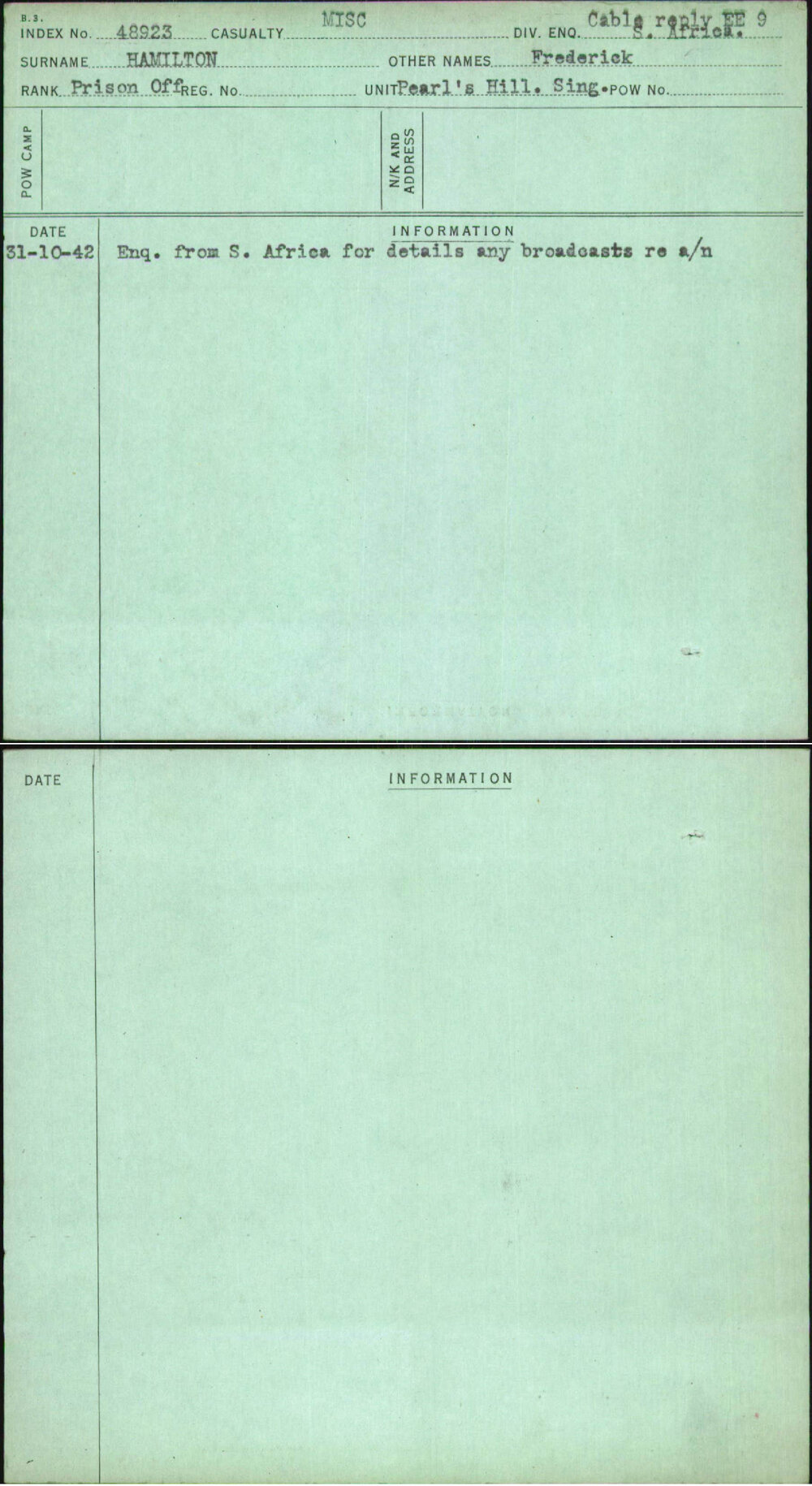 Hamilton, Frederick, [No Service Number]