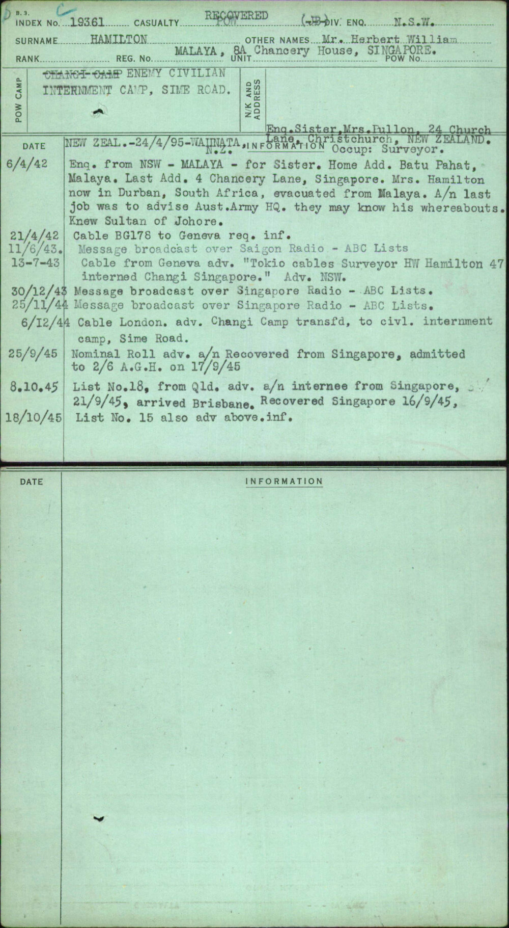 Hamilton, Mr Herbert William, Malaya