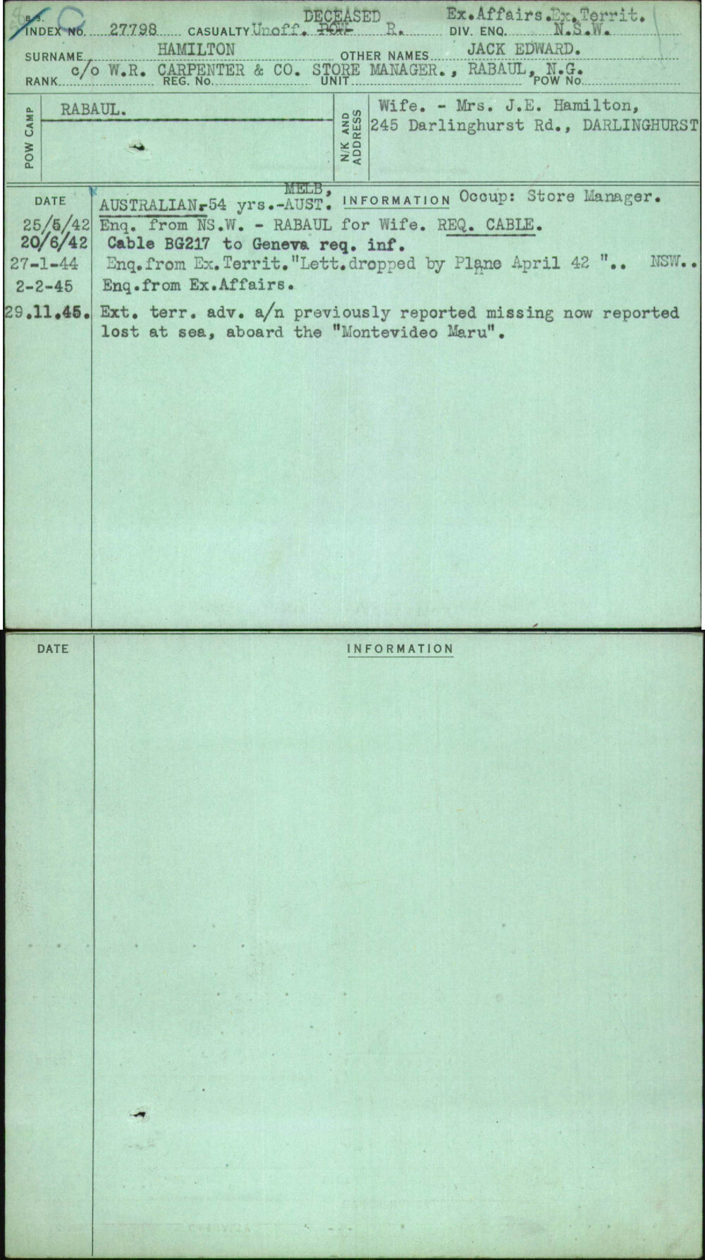 Hamilton, Jack Edward, [No Service Number]