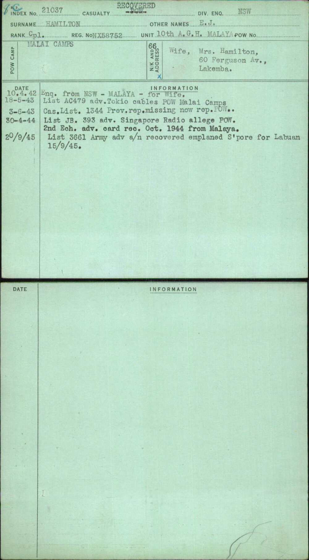 Hamilton, E J, NX58752