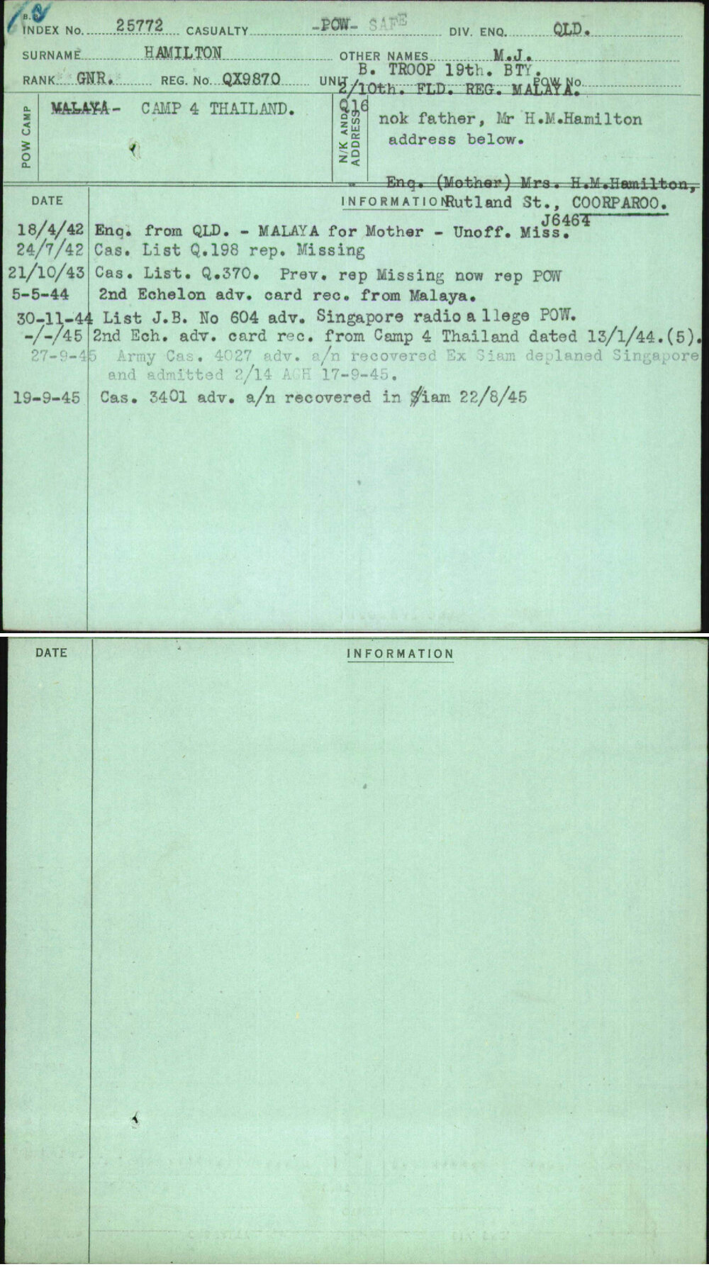 Hamilton, M J, QX9870