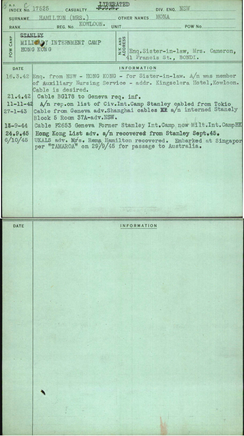 Hamilton (Mrs), Mona, Kowloon