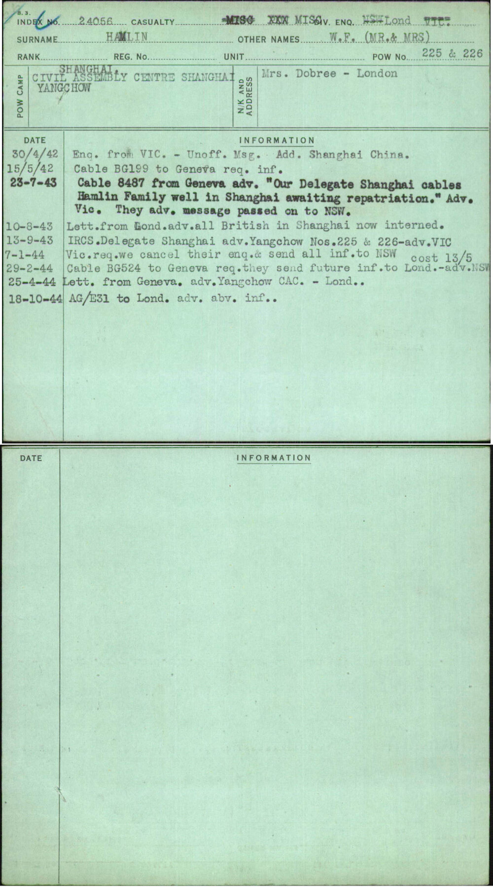 Hamlin, W F (Mr &amp; Mrs), [No Service Number]