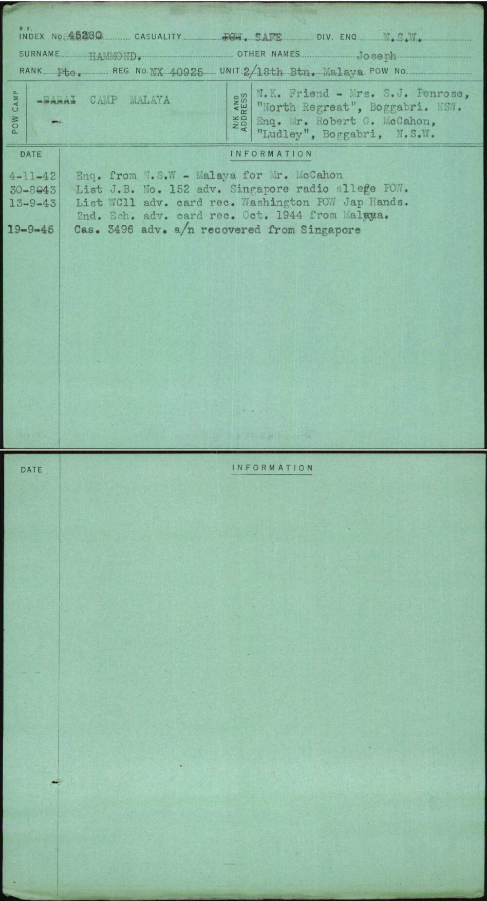 Hammond, Joseph, NX40925