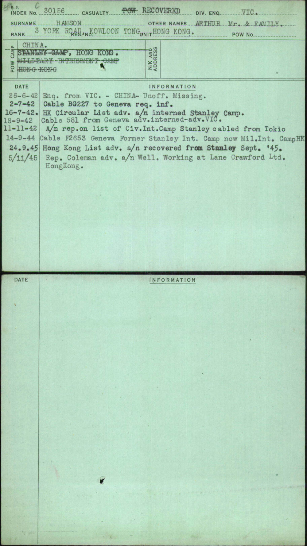 Hamson, Arthur Mr &amp; Family, [No Service Number]
