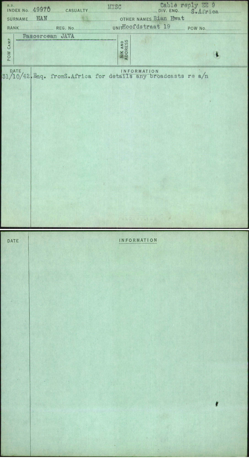 Han, Bian Hwat, [No Service Number]