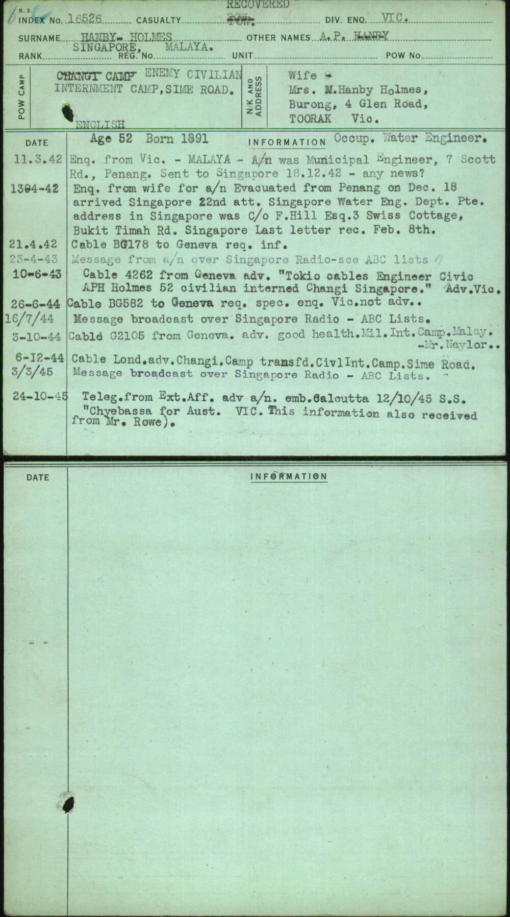 Hanby-Holmes, A P, Malaya