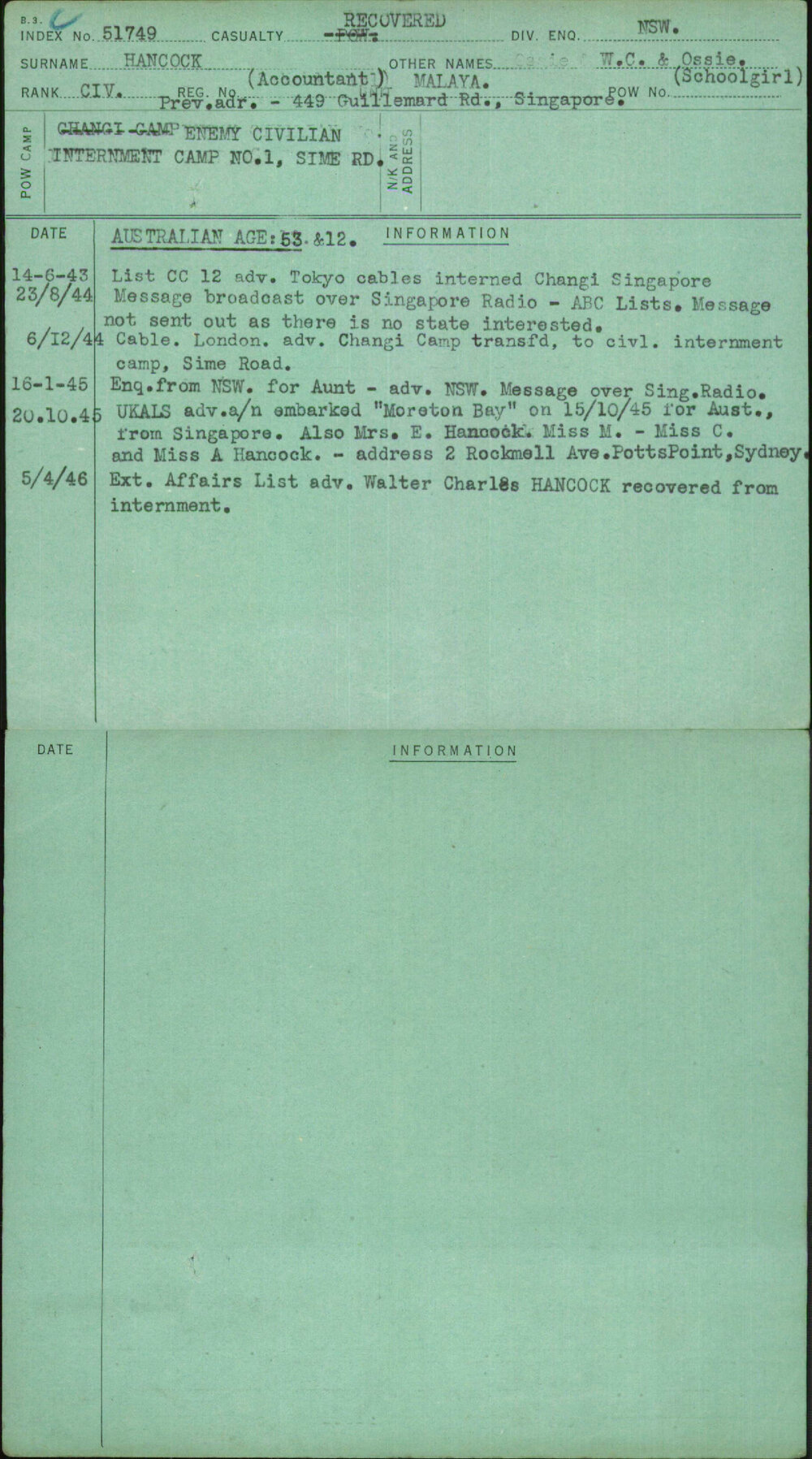 Hancock, W C &amp; Ossie (Schoolgirl), (Accountant) Malaya