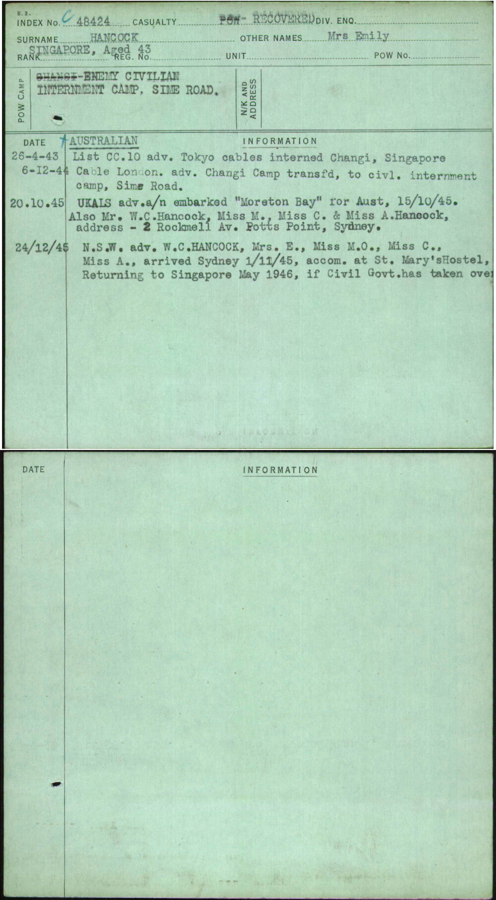 Hancock, Mrs Emily, [No Service Number]