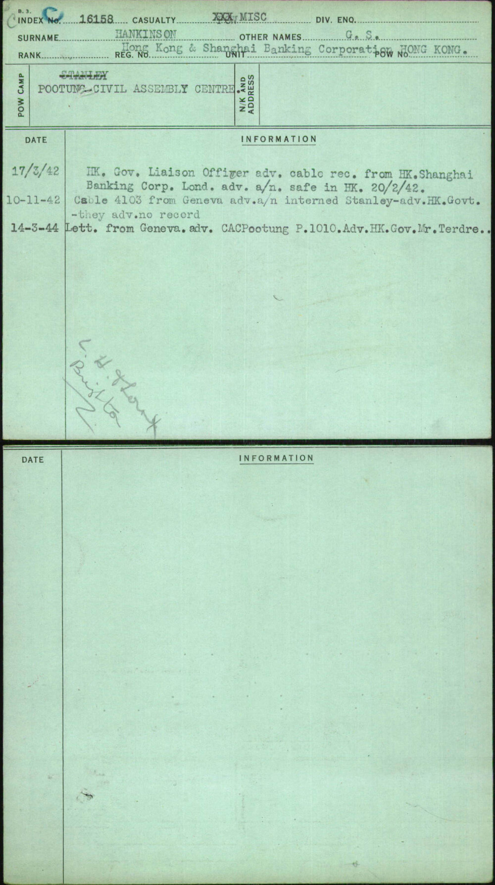 Hankinson, G S, Hong Kong &amp; Shanghai Banking Corporation Hong Kong
