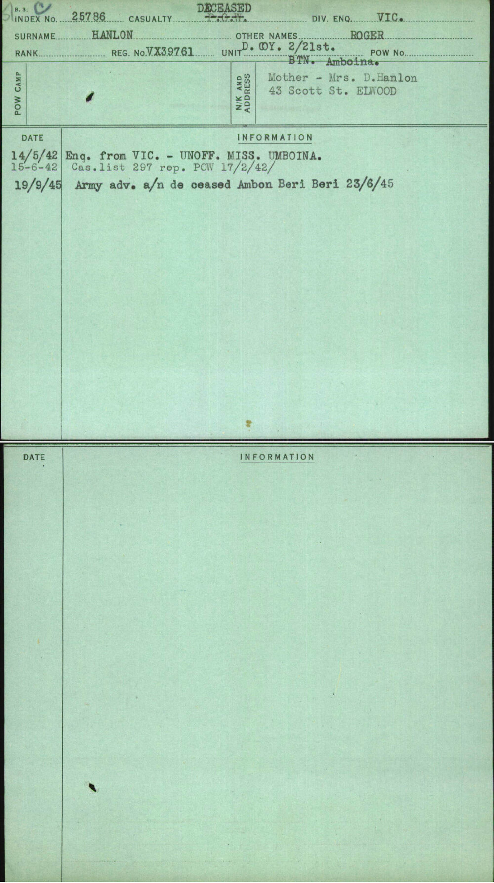 Hanlon, Roger, VX39761