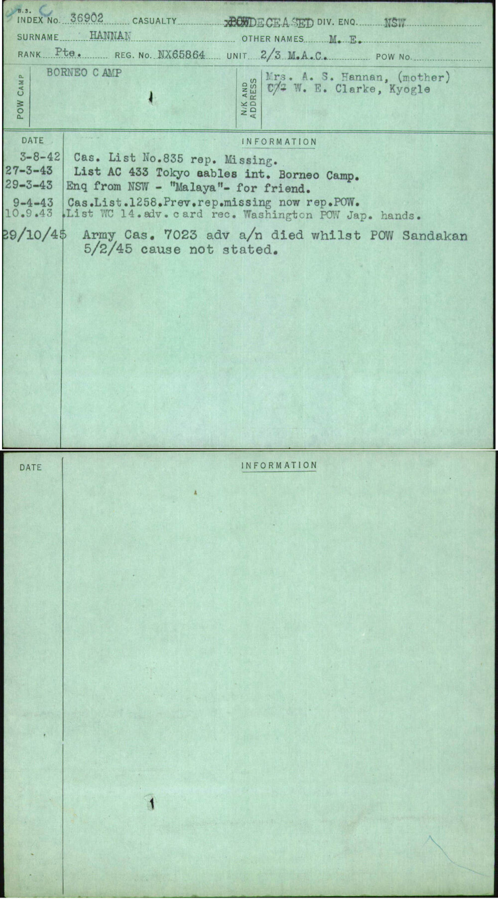 Hannan, M E, NX65864