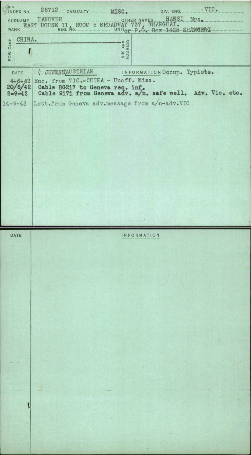 Hanover, Hansi Mrs, [No Service Number]