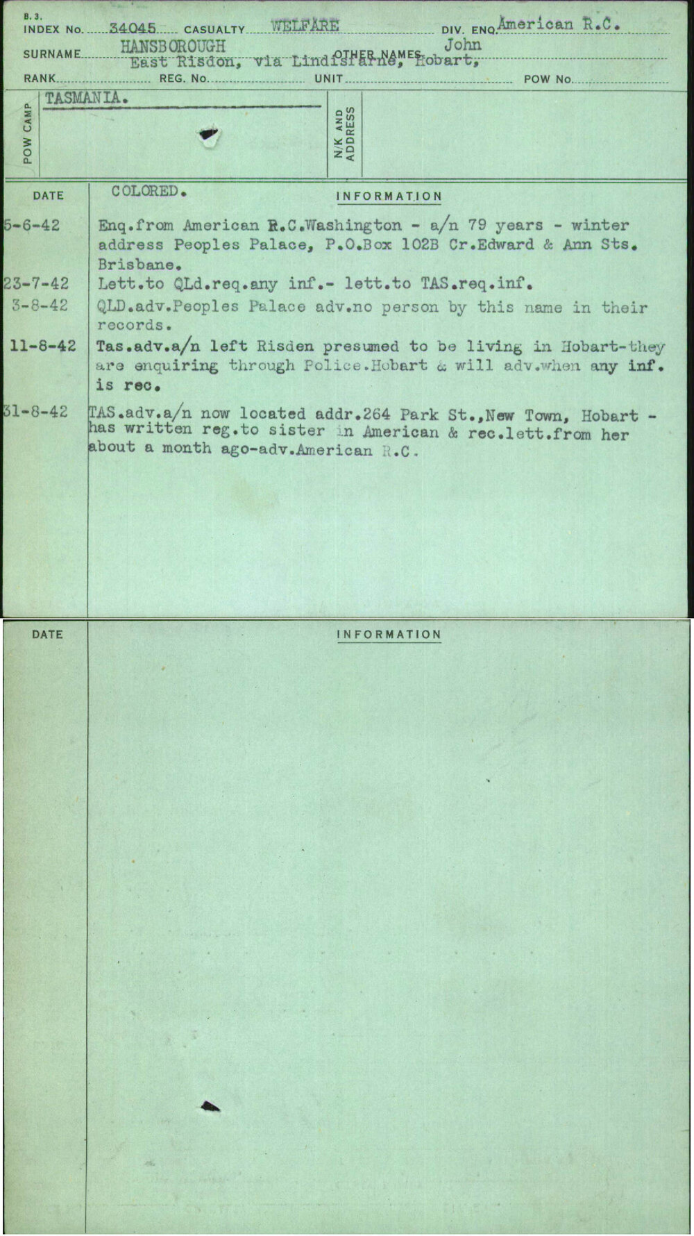 Hansborough, John, East Risdon Via Lindisiarne Hobart