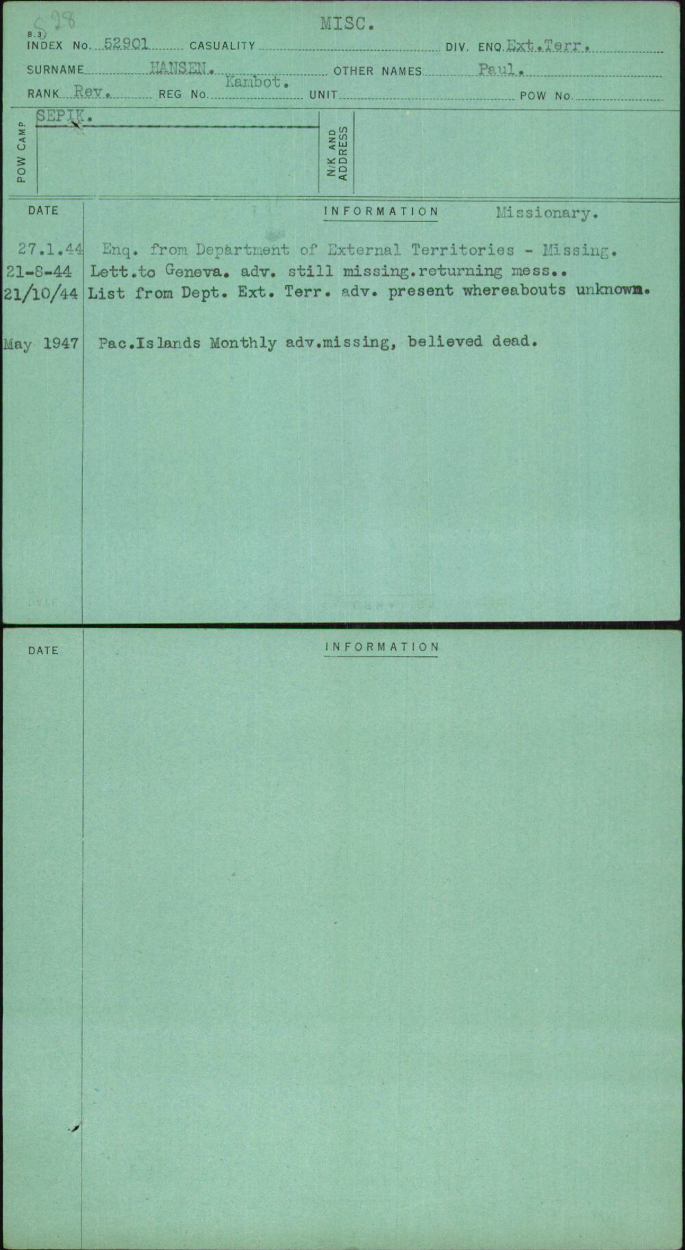 Hansen, Paul, Kambot