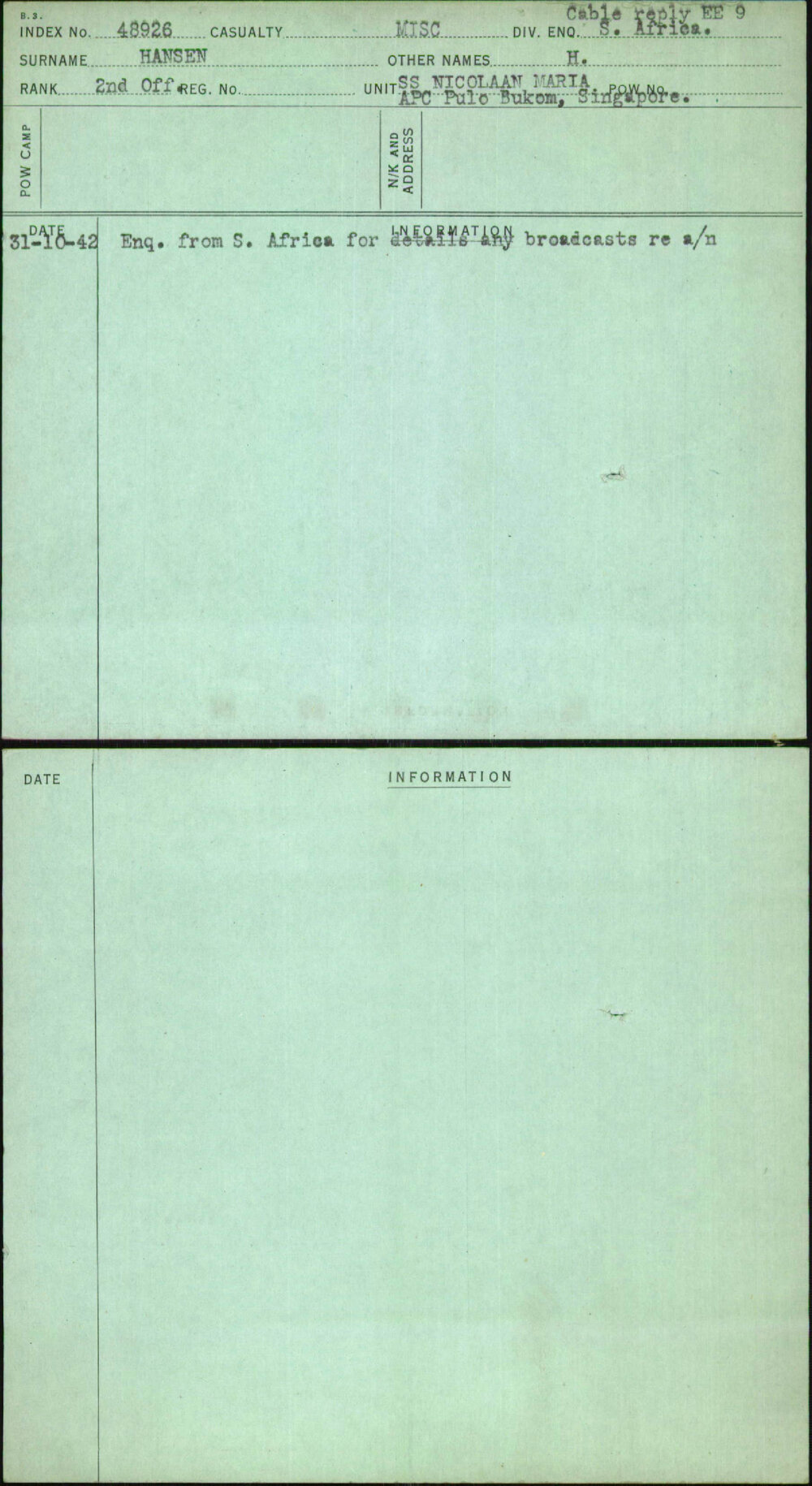 Hansen, H, [No Service Number]