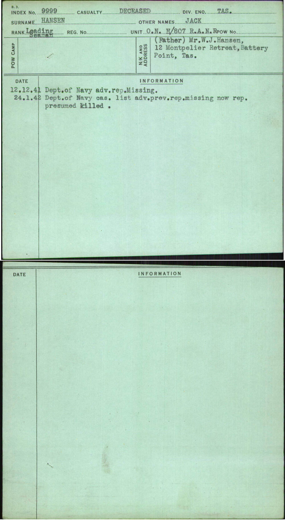 Hansen, Jack, [No Service Number]