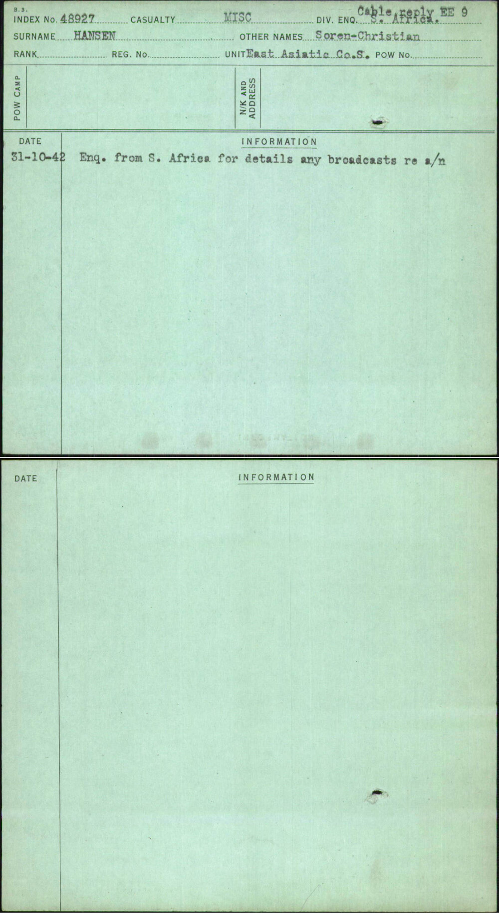 Hansen, Soren-Christian, [No Service Number]