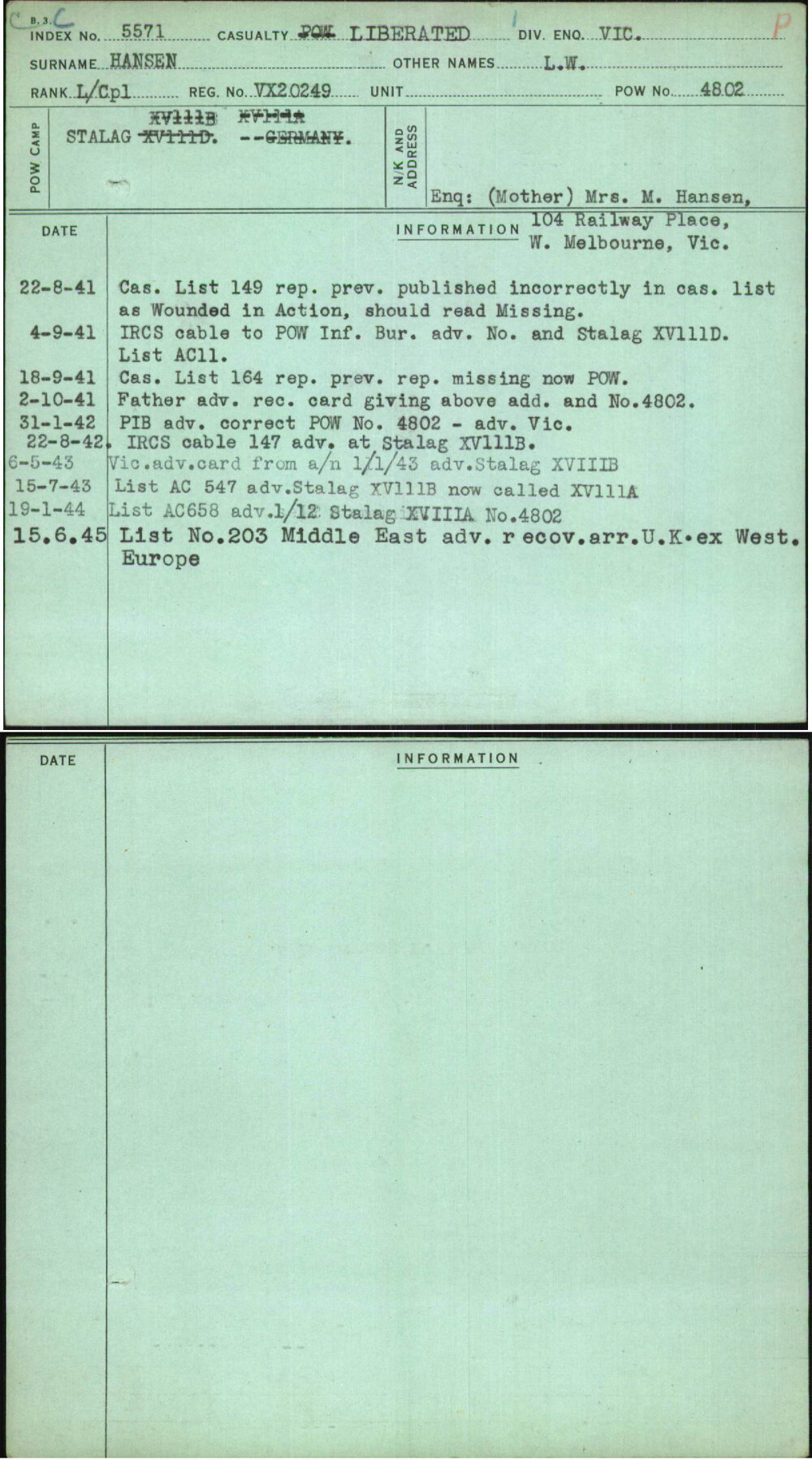 Hansen, L W, VX20249