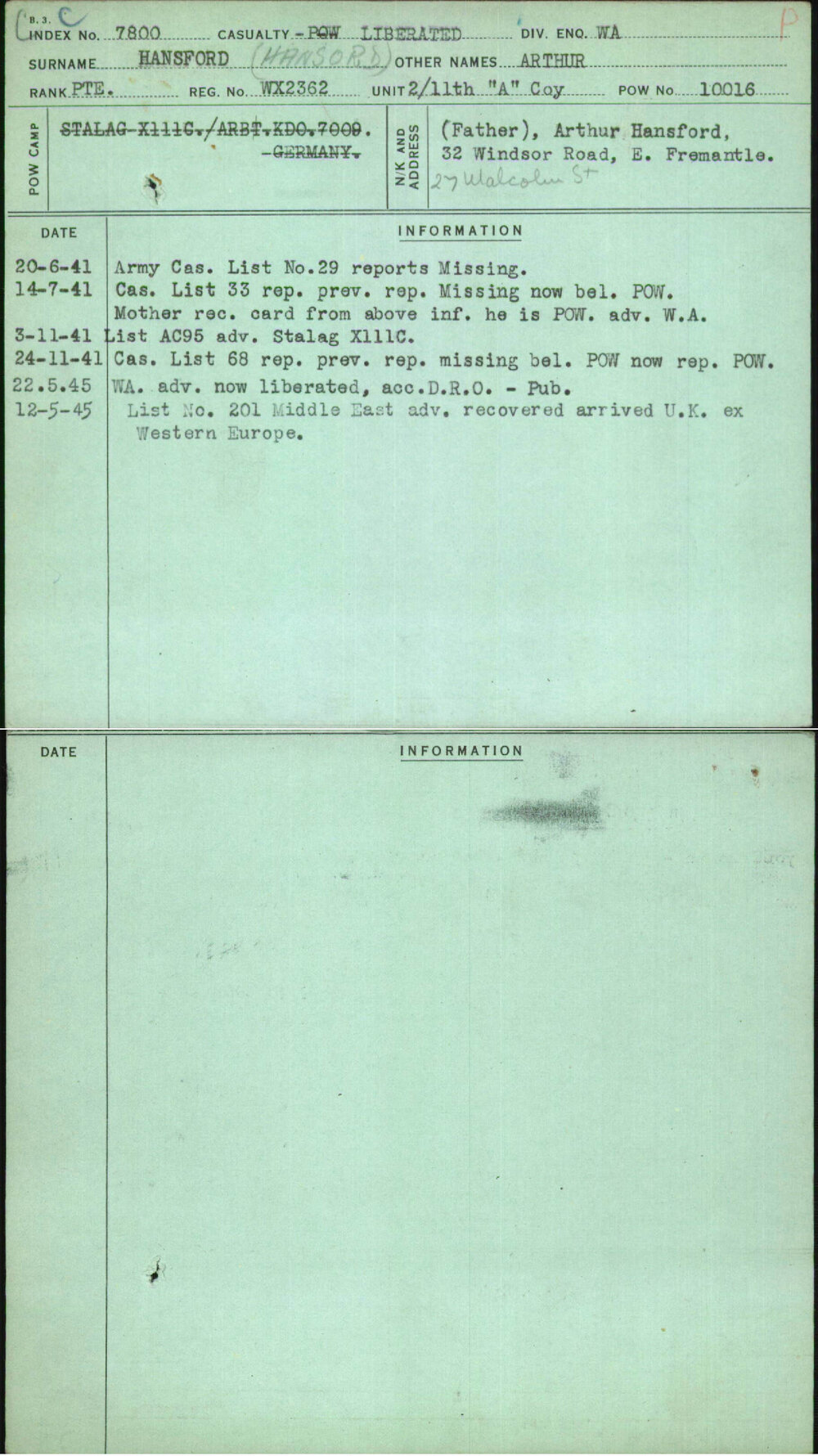 Hansford (Hansord), Arthur, WX2362