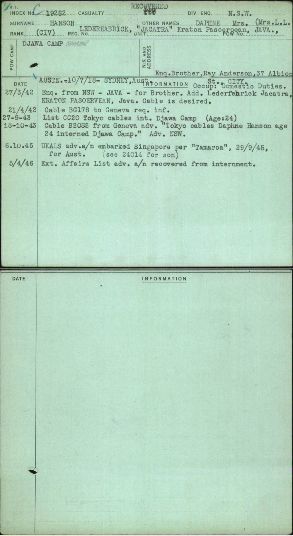 Hanson, Daphne Mrs (Mrs L L, Ledereabrick Jacatra Kraton Pasoeroean Java