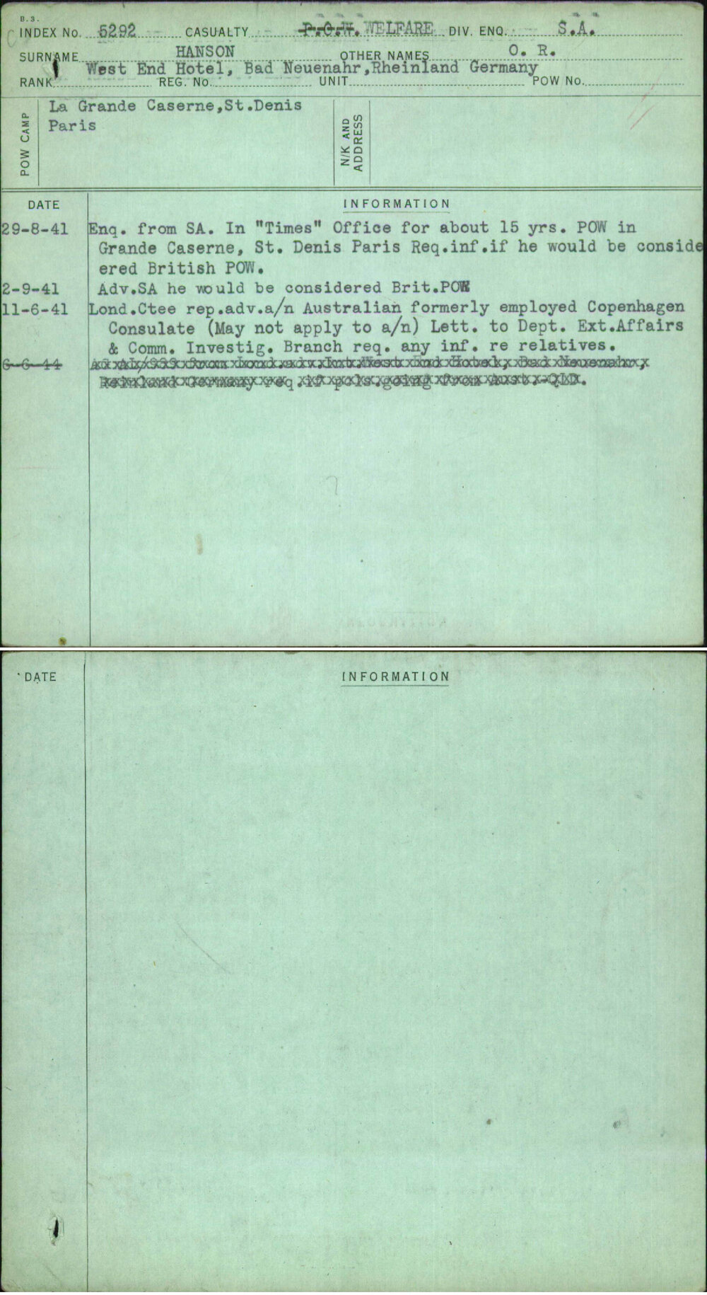 Hanson, O R, [No Service Number]