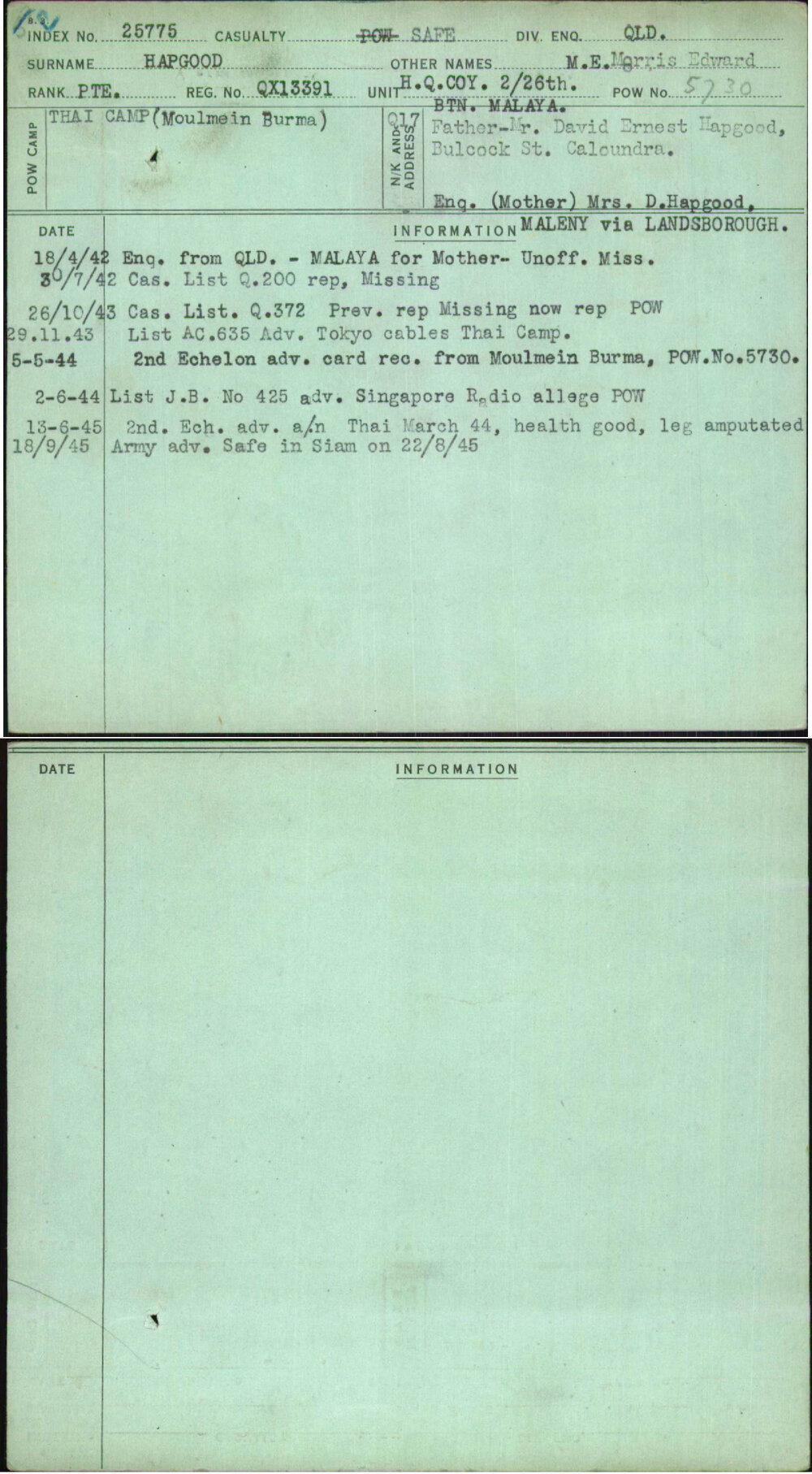 Hapgood, M E Morris Edward, QX13391