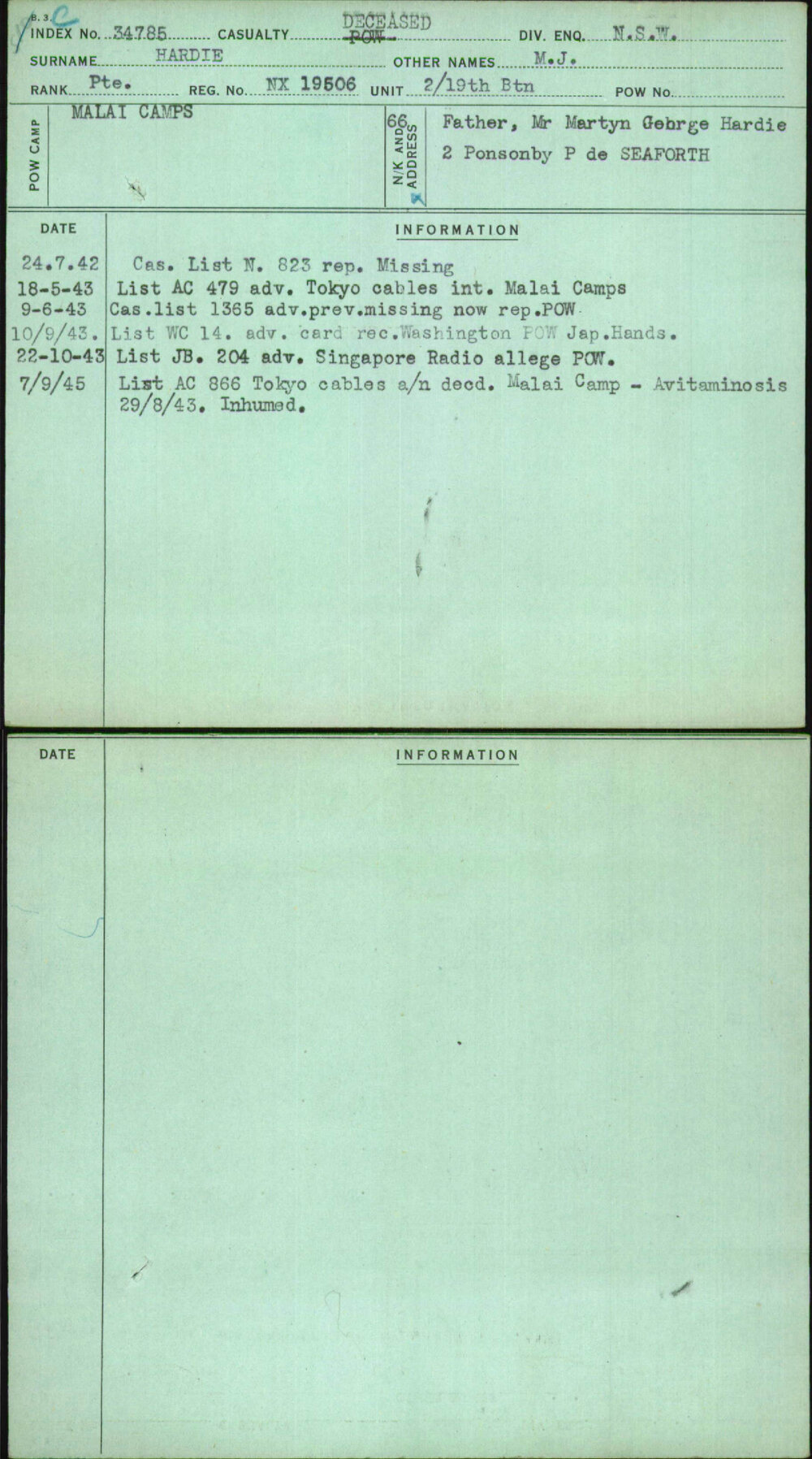 Hardie, M J, NX19506