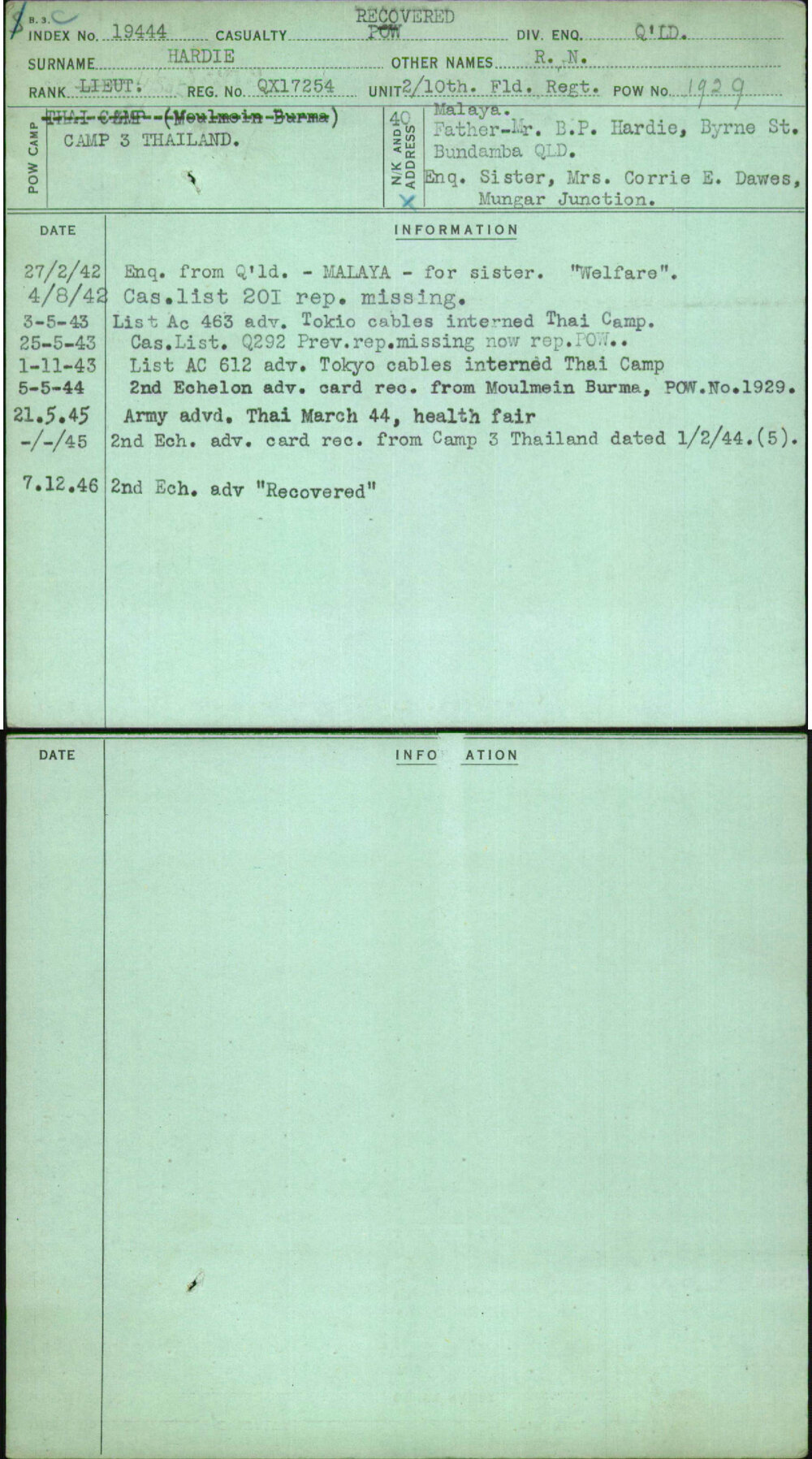 Hardie, R N, QX17254