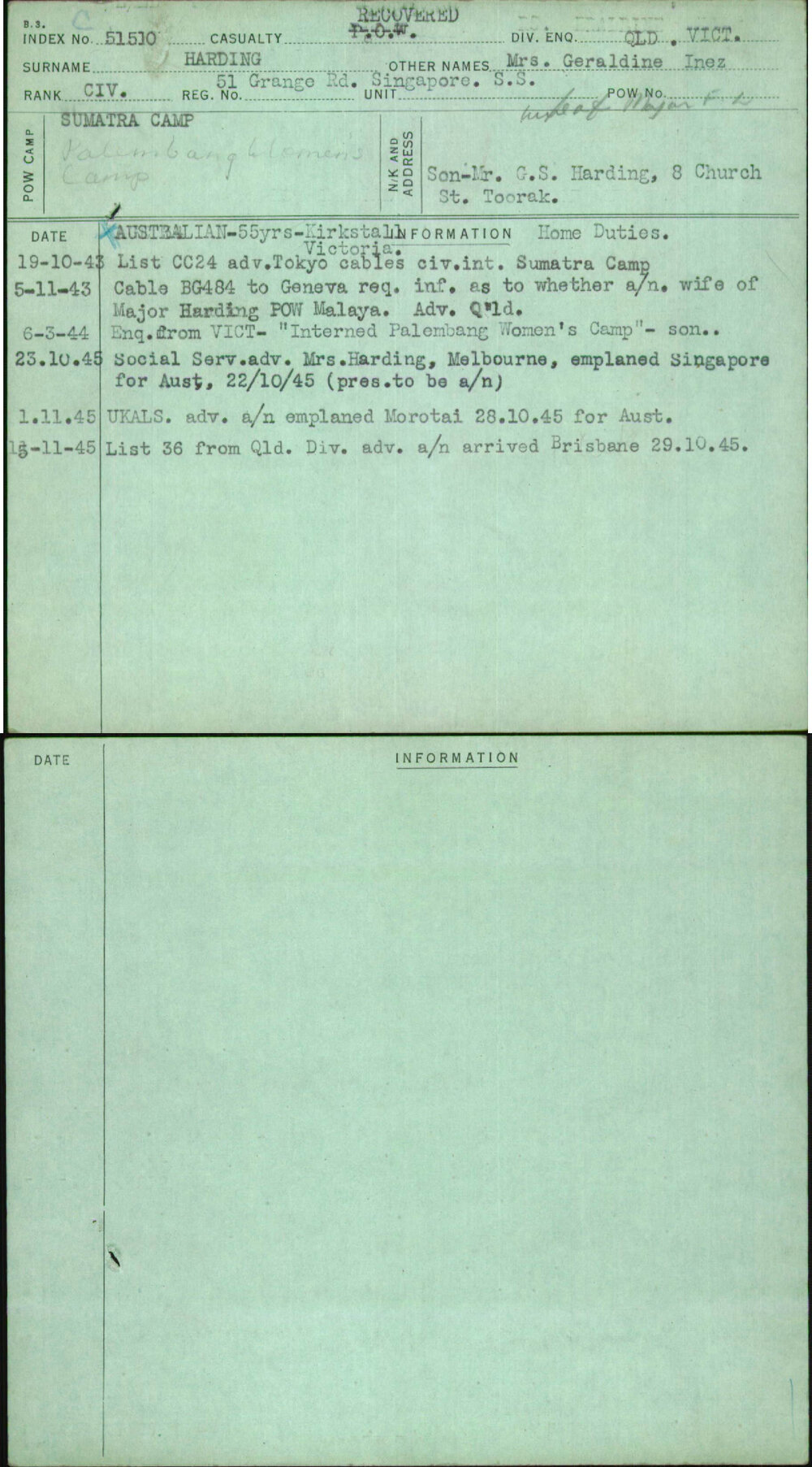 Harding, Mrs Geraldine Inez, 51 Grange Rd Singapore S S