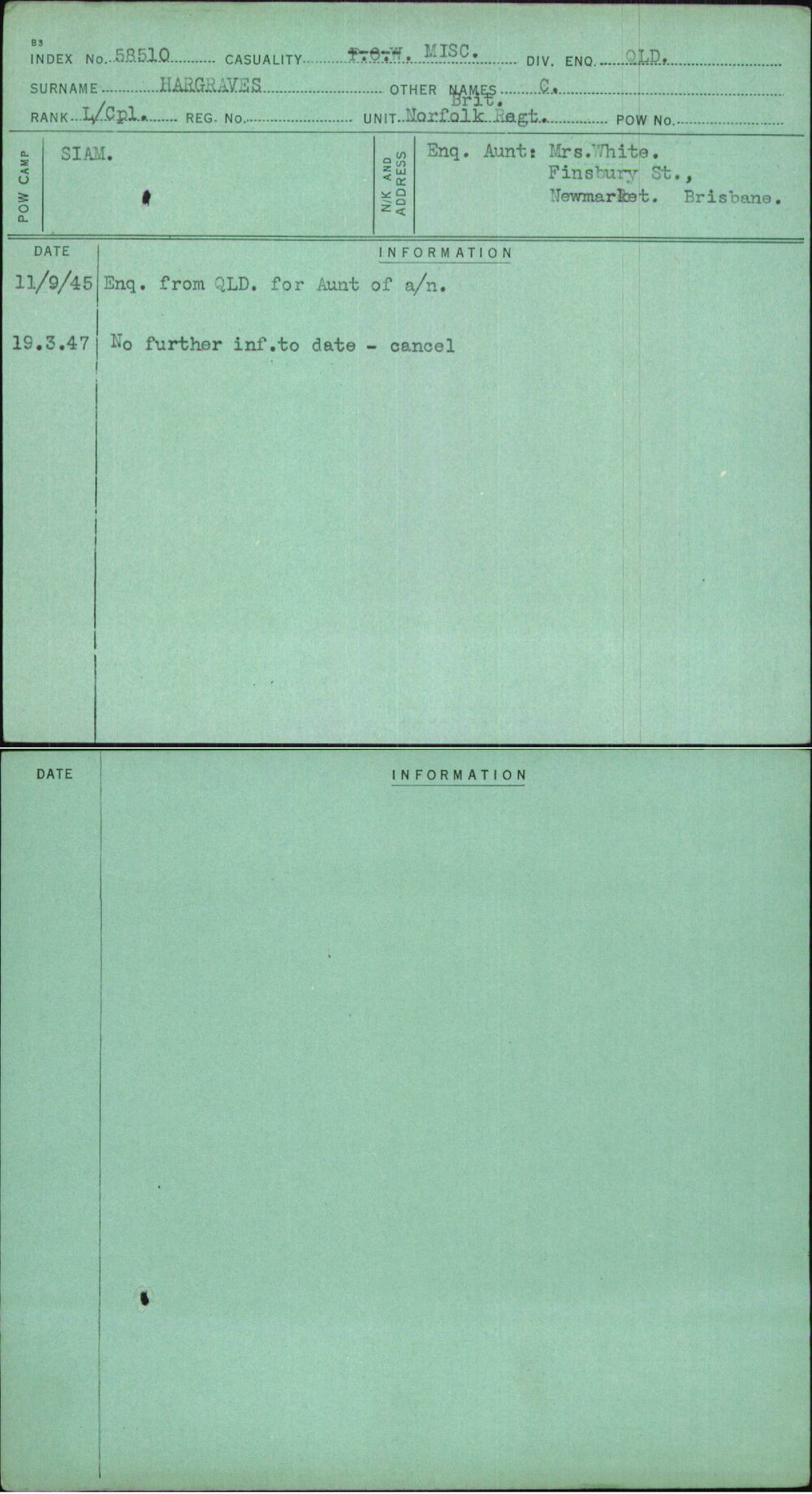 Hargraves, C, [No Service Number]