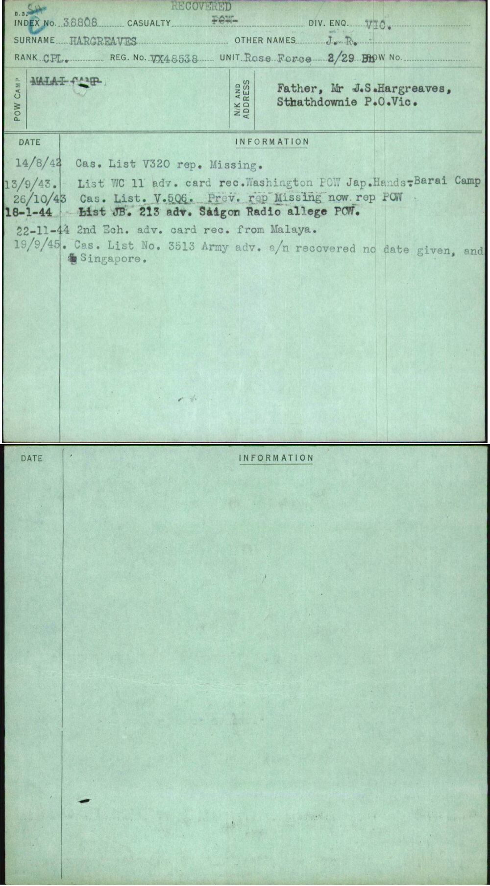 Hargreaves, J R, VX48538