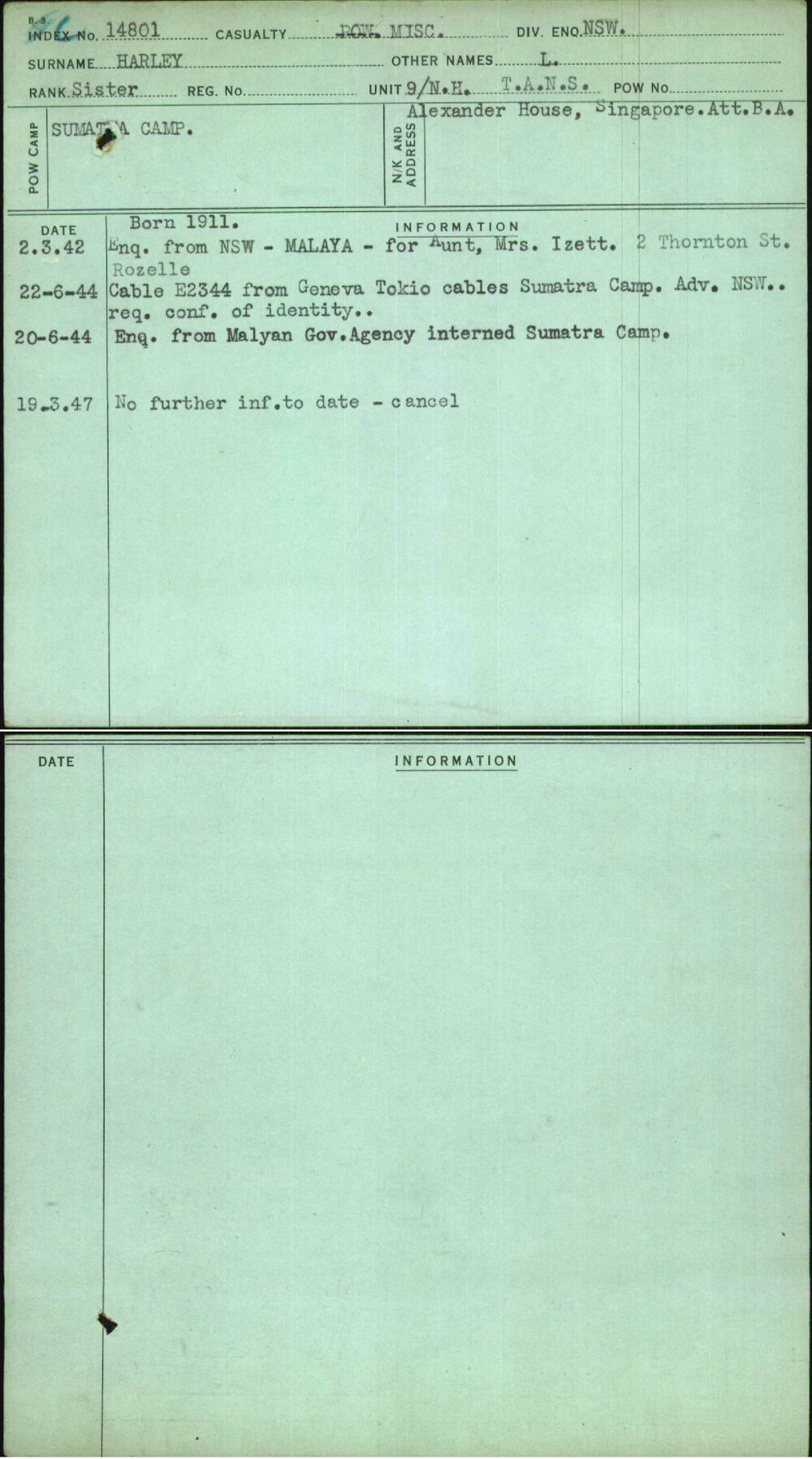 Harley, L, [No Service Number]