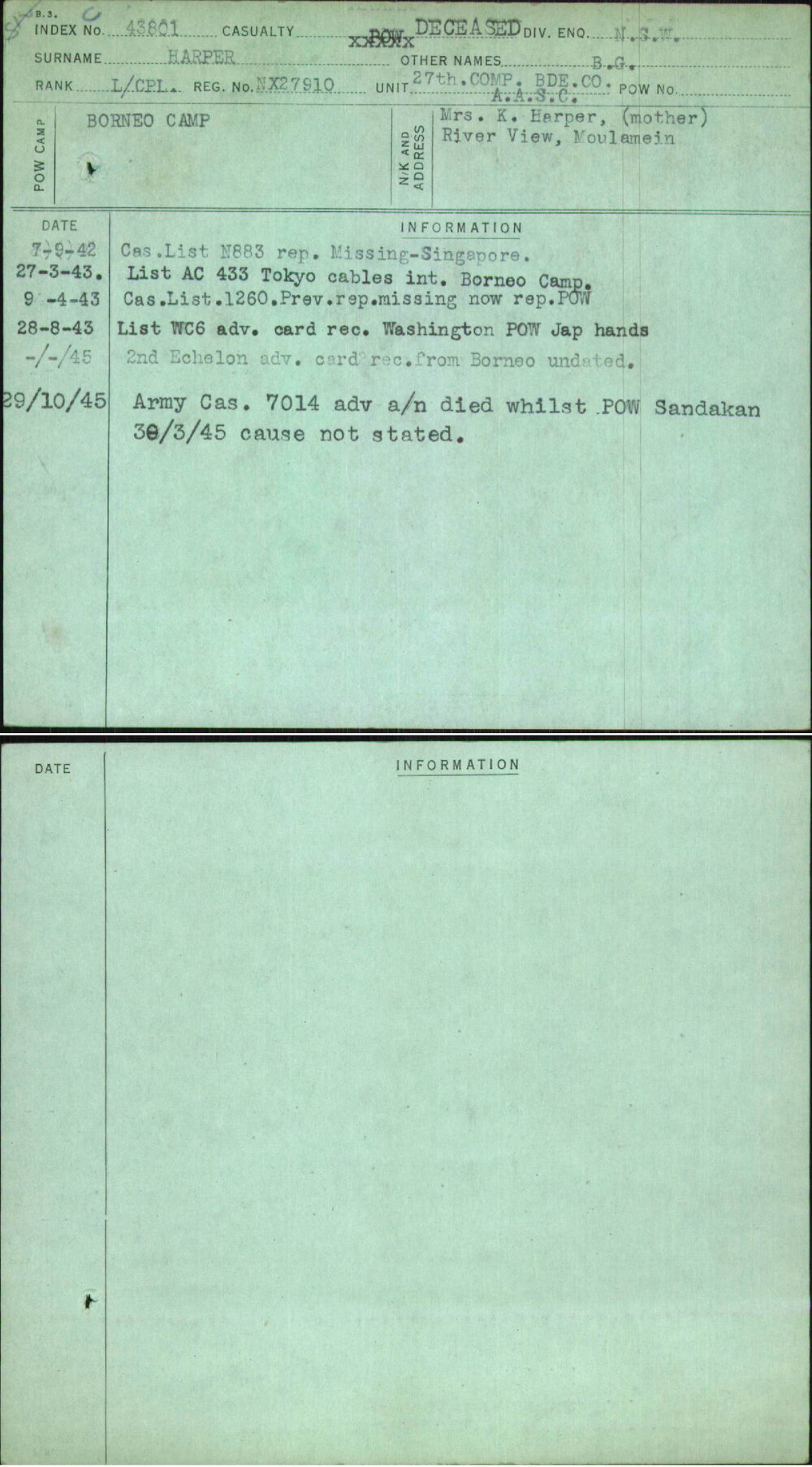 Harper, B G, NX27910