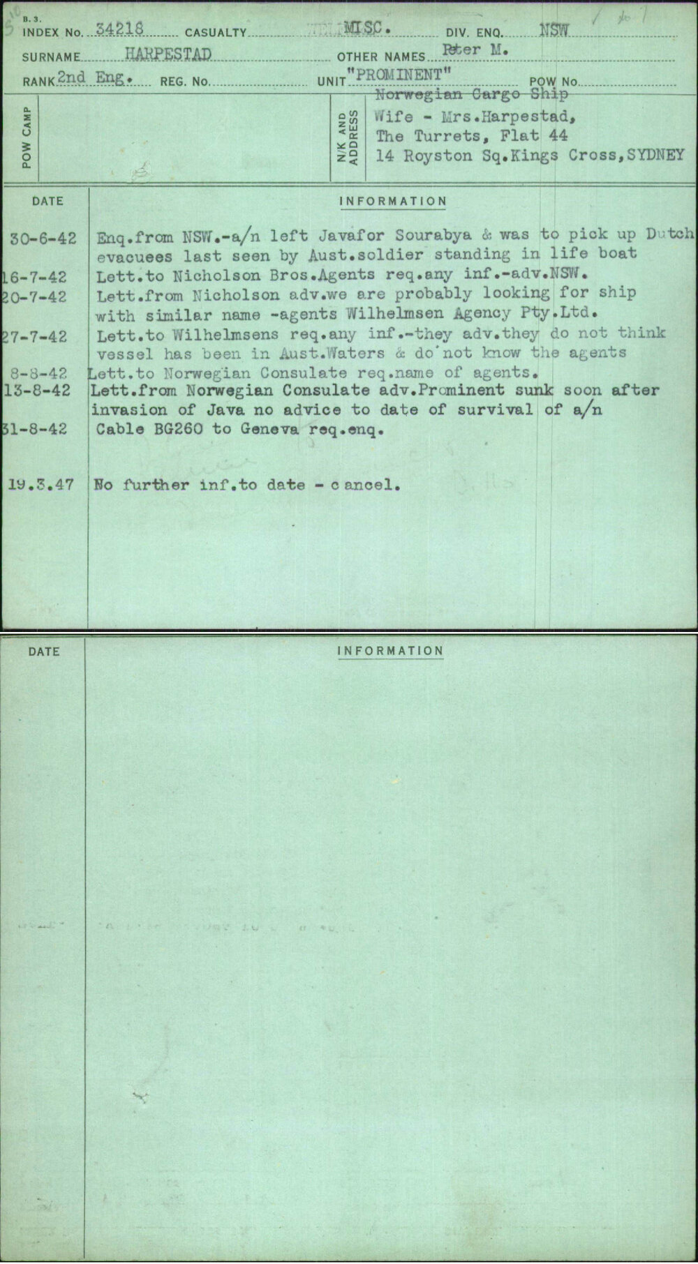 Harpestad, Peter M, [No Service Number]