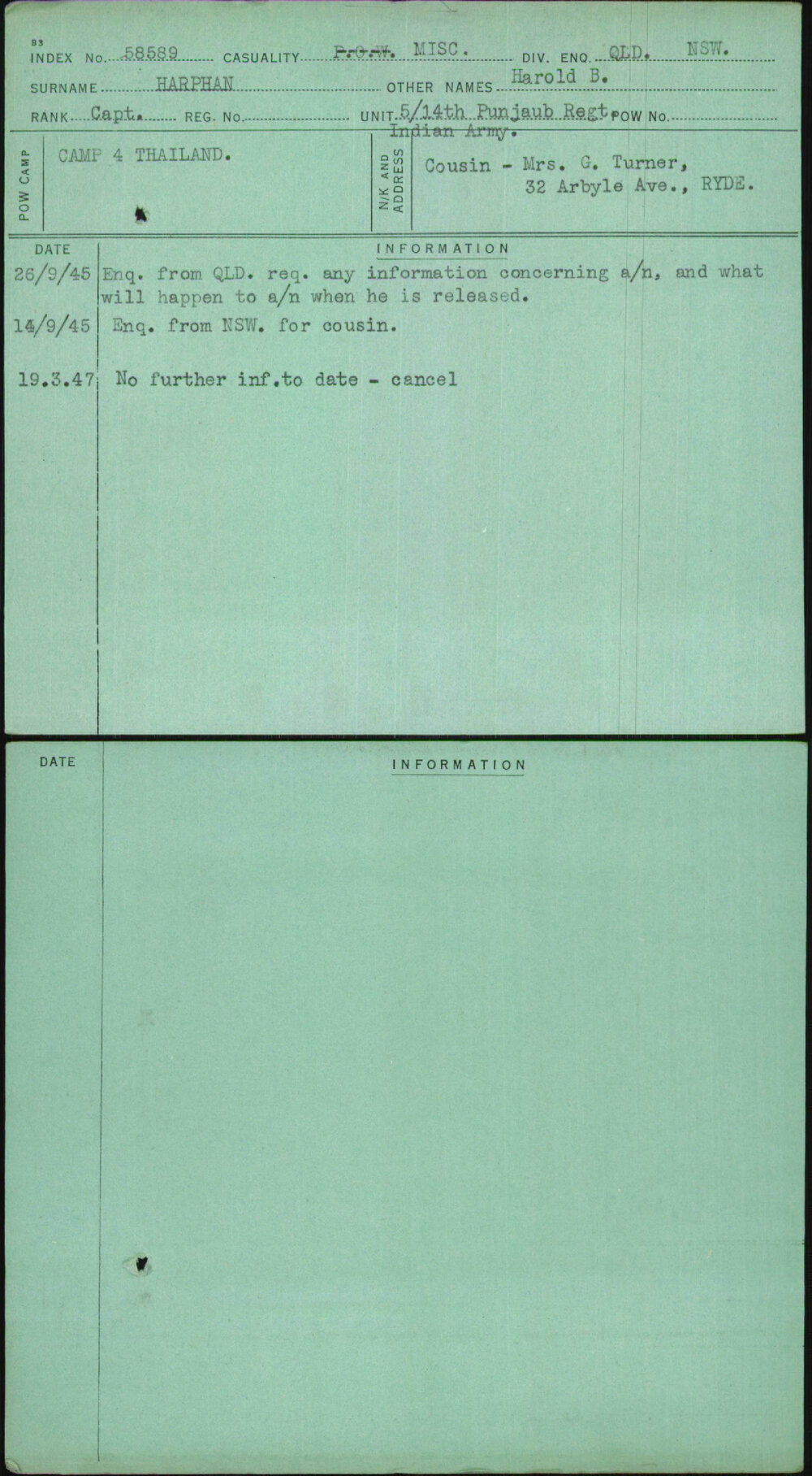 Harphan, Harold B, [No Service Number]