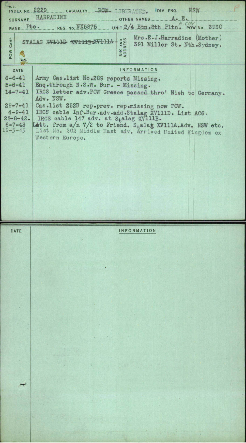 Harradine, A E, NX5875