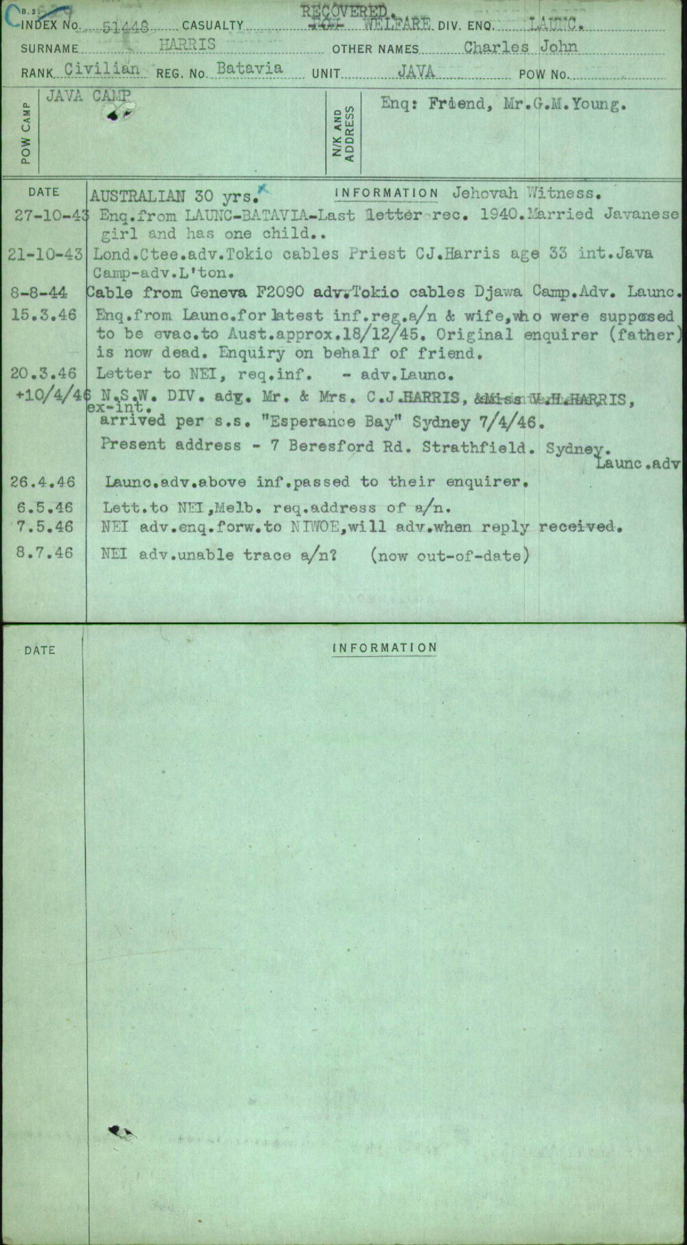 Harris, Charles John, Batavia