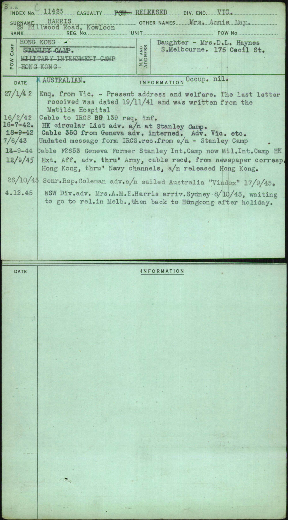 Harris, Mrs Annie May, [No Service Number]