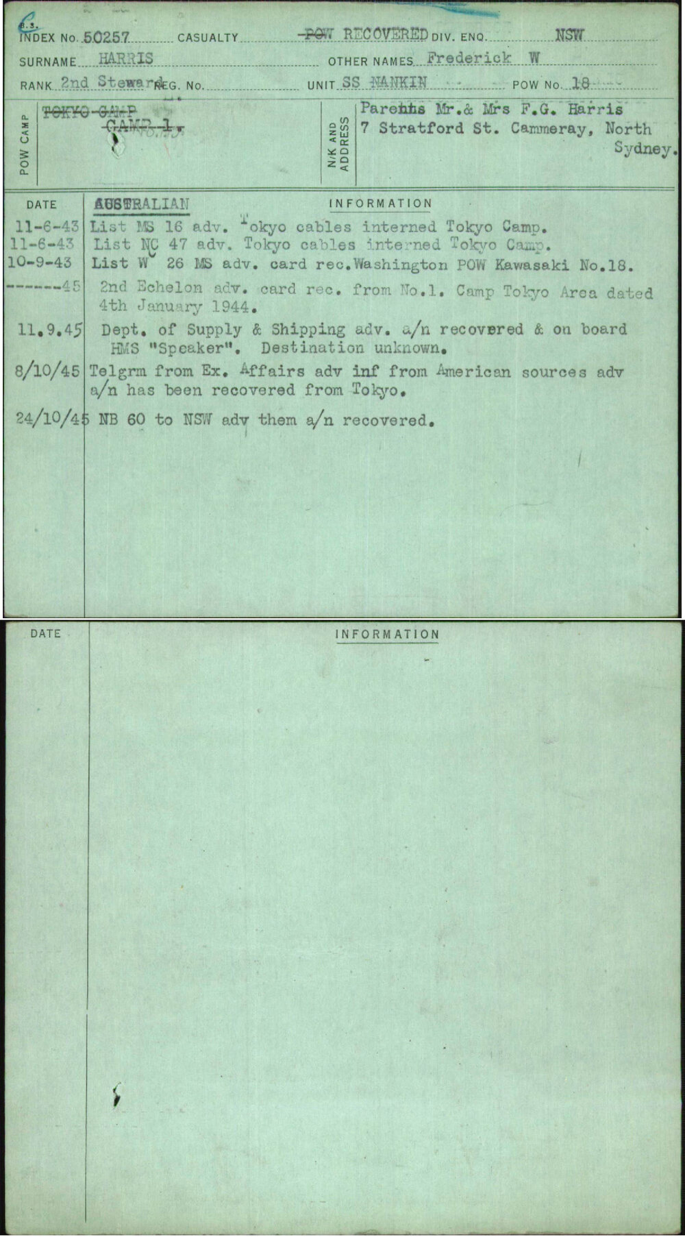 Harris, Frederick W, [No Service Number]