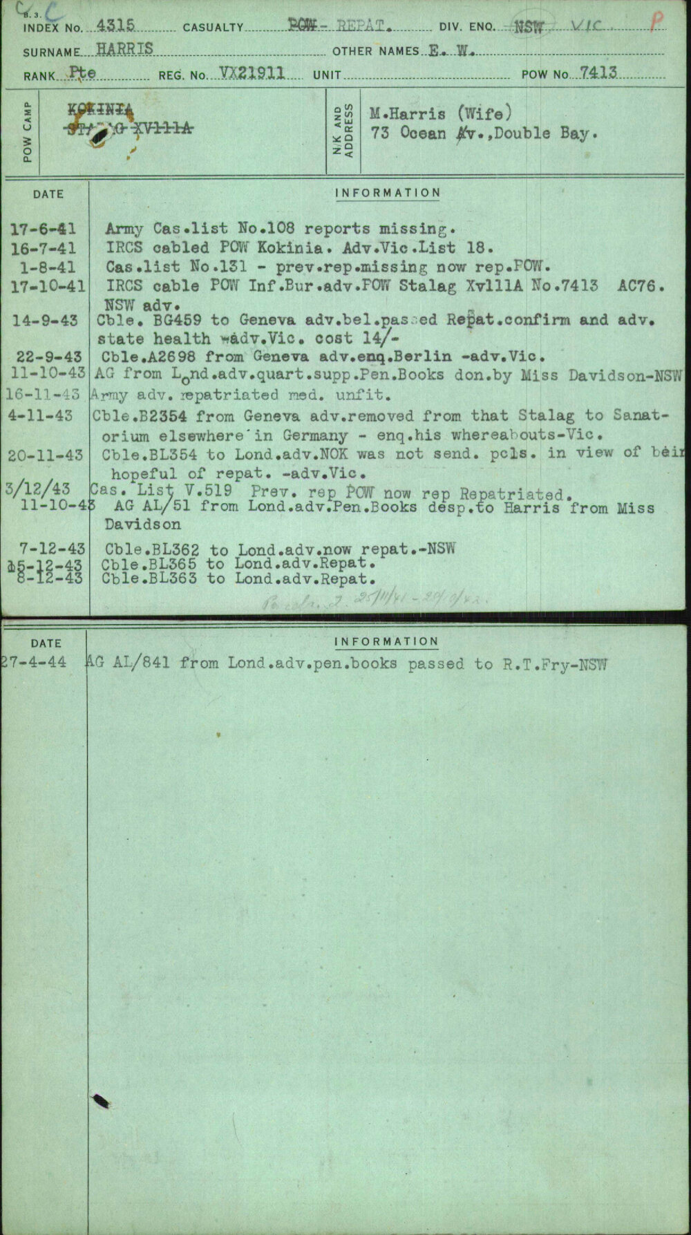 Harris, E W, VX21911