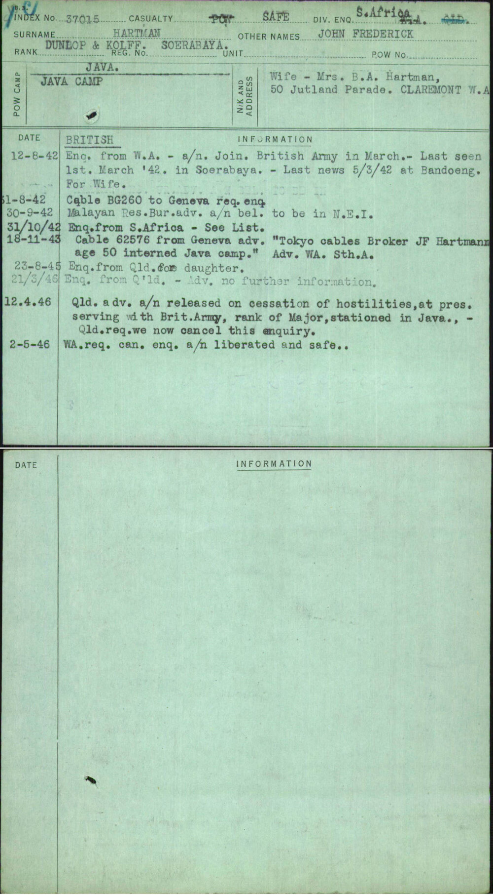 Hartman, John Frederick, [No Service Number]