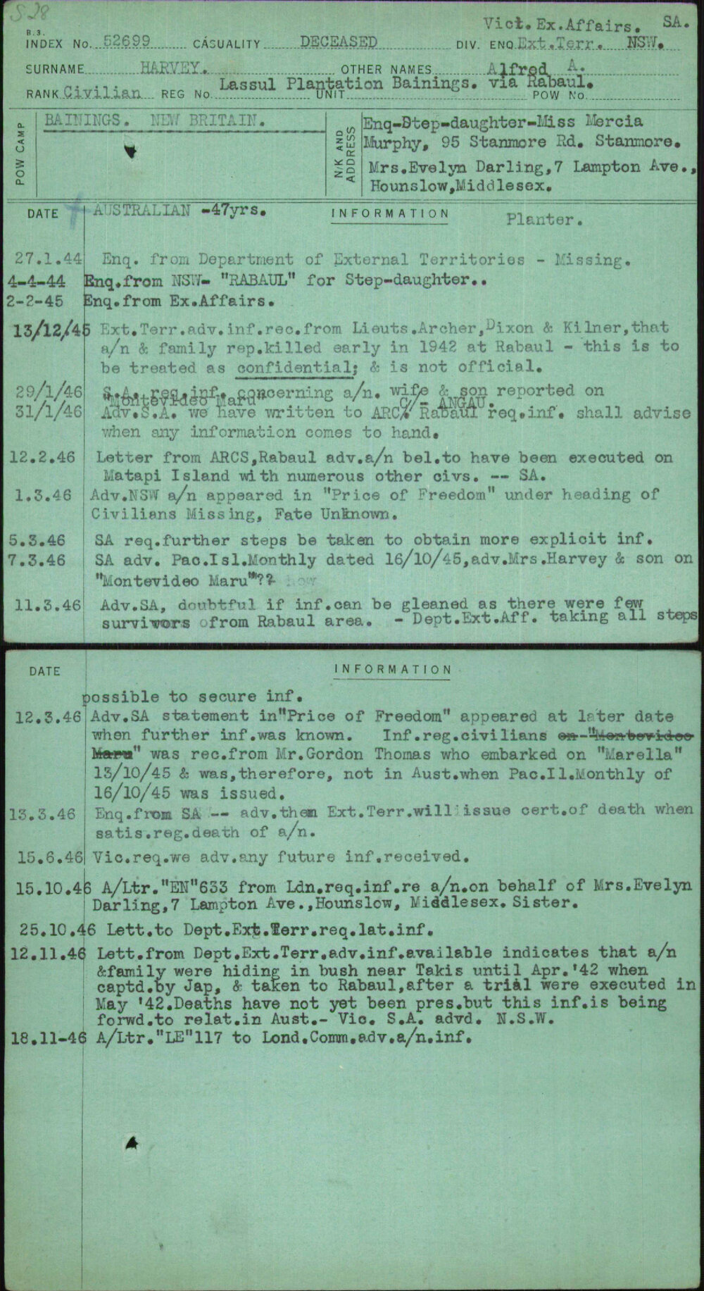 Harvey, Alfred A, Lassul Plantation Bainings Via Rabaul