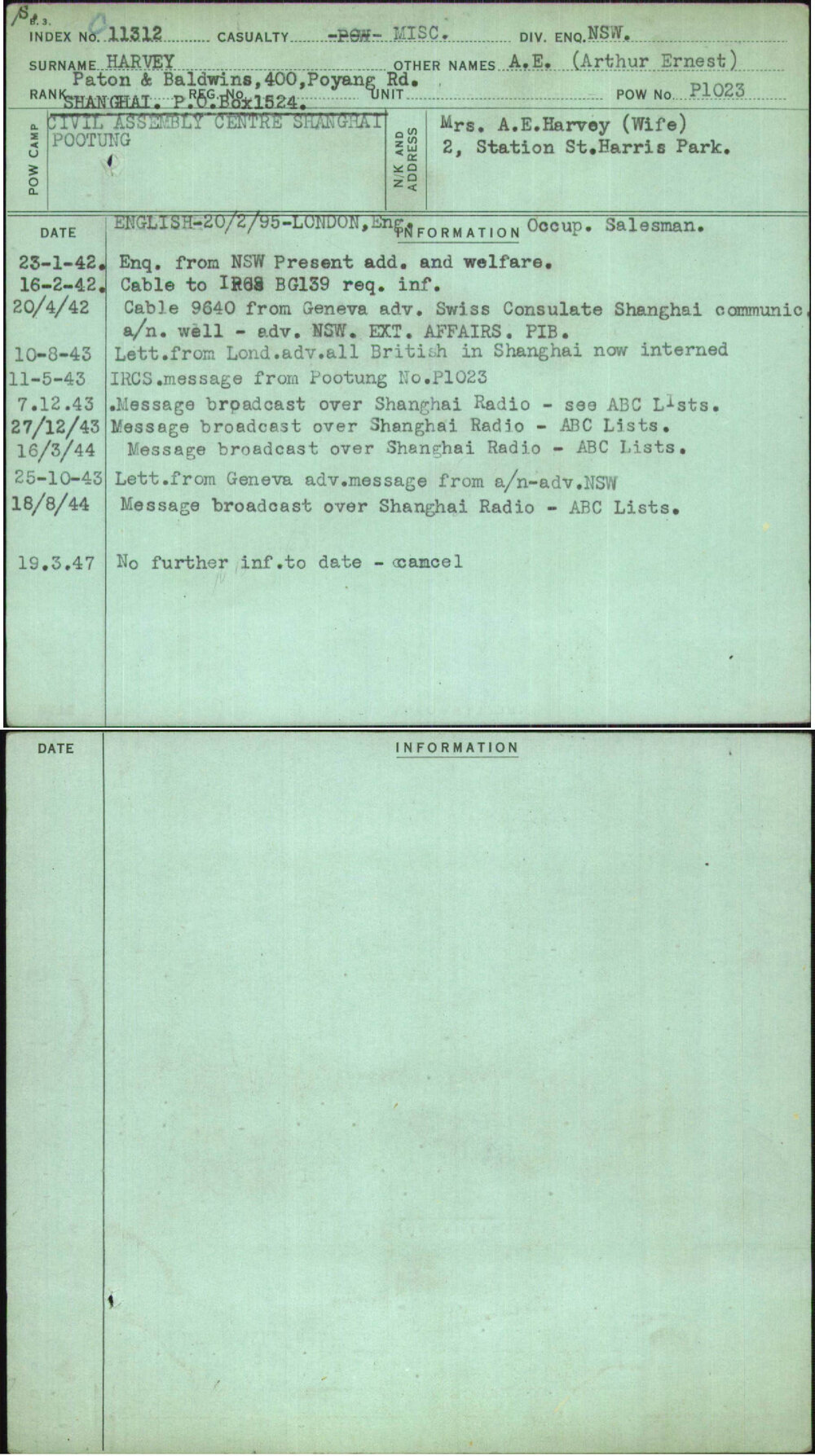 Harvey, A E (Arthur Ernest), [No Service Number]