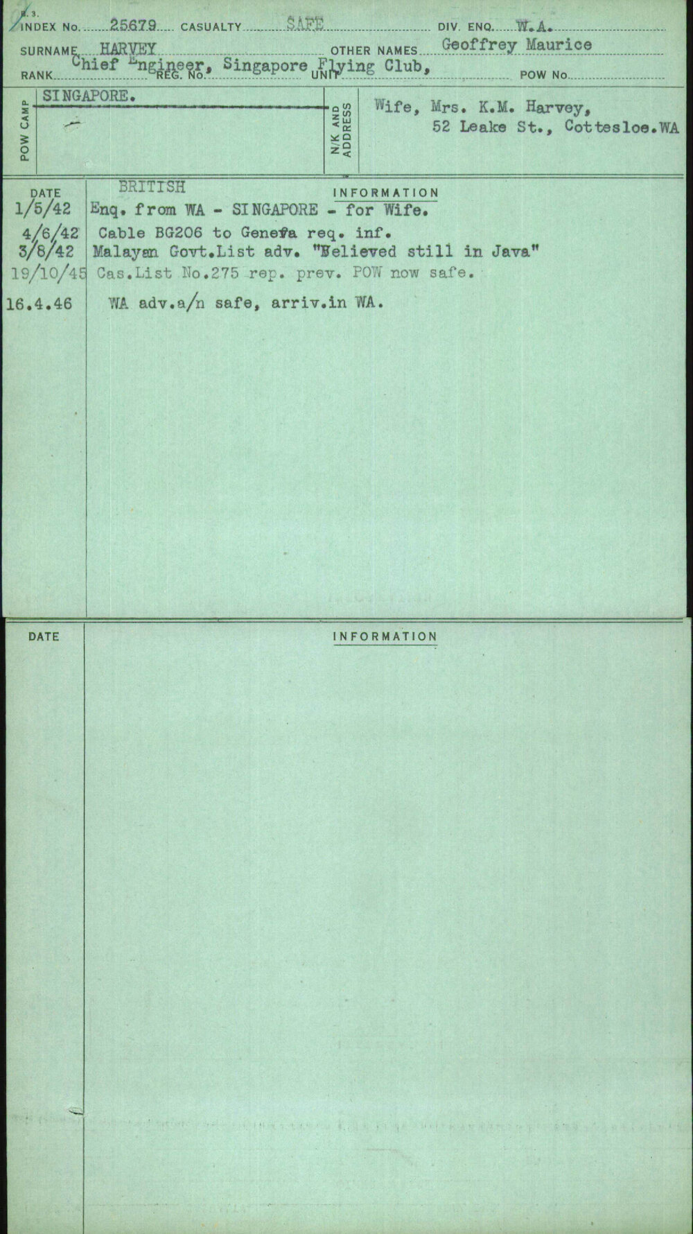 Harvey, Geoffrey Maurice, [No Service Number]