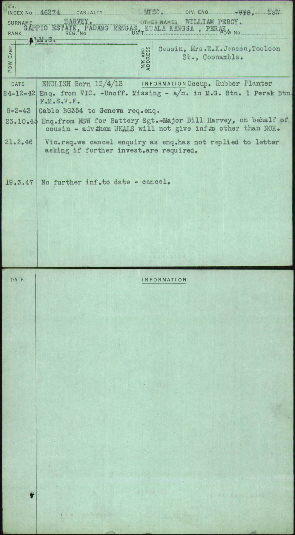 Harvey, William Percy, [No Service Number]